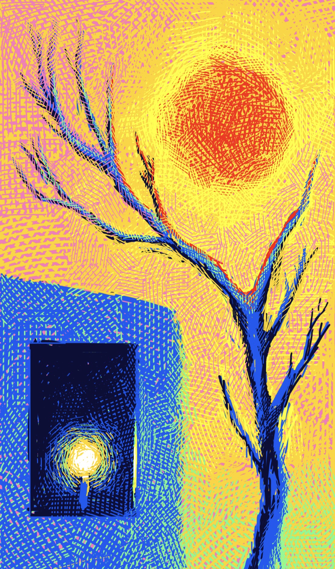 A tree stands next to a house. The house is a simple, blue, rectangular shape, occupying the lower left quarter of the drawing. The tree is a tall, leafless trunk with sticks for branches; it might be dead. Sitting in the hot yellow sky, positioned in the fork created by two diverging branches, sits a blazing red sun. This is the sun of desert at high noon. The window in the house is dark. Placed inside it is a single candle. The style of the piece looks impressionist: bright colors, lots of strokes.