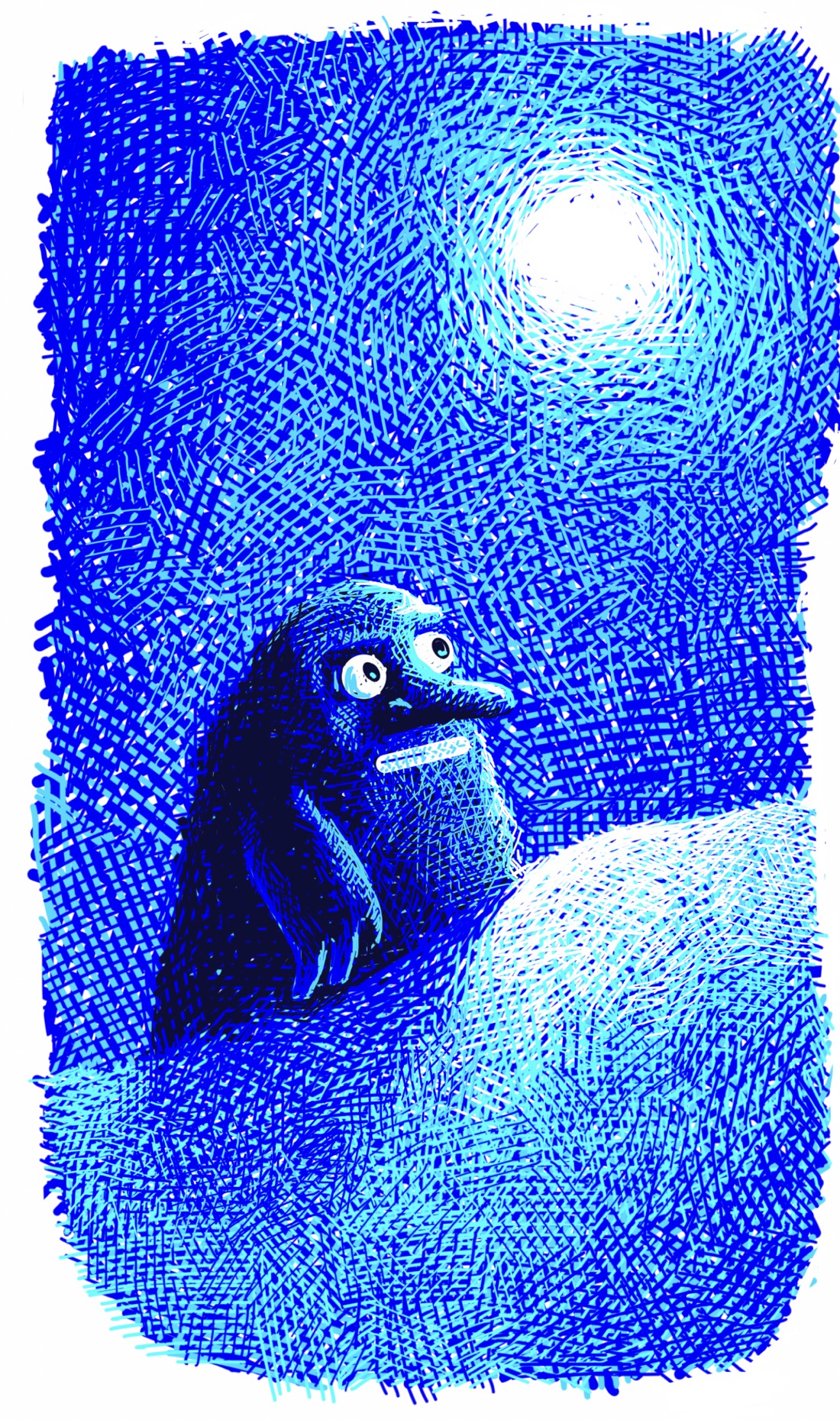 A hillside, gleaming in the moonlight, possibly covered with snow. In the sky sits a blazing full moon. The whole scene is blue. Cast sharply in the moonlight, moving up the side of the hill, is a shapeless lump of a figure: a troll-like creature with large paws, a heavy brow, a long nose, and white, staring eyes. It appears to be transfixed by the full moon. This, for anyone who is familiar with Tove Jansson's Moominland series, is the Groke: out and about on a night when no one but the Groke would be stirring.