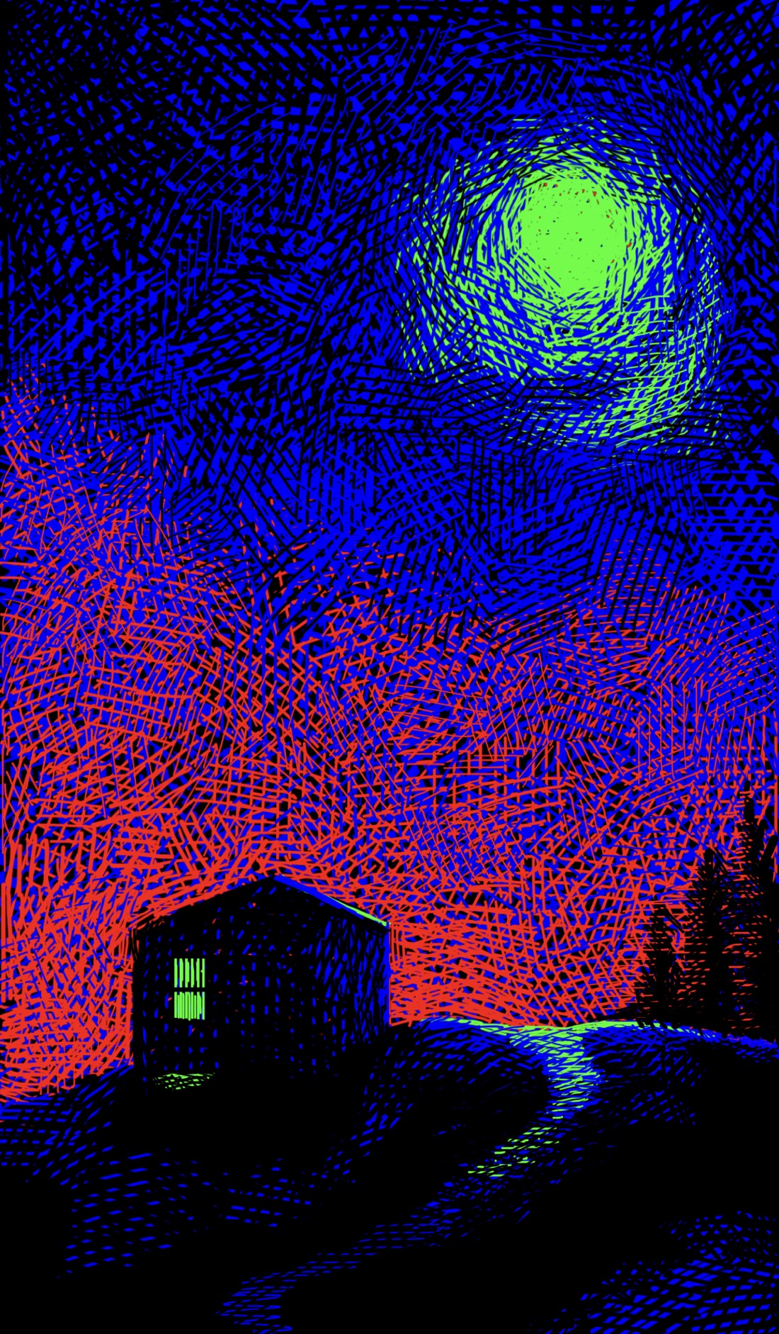 A small house sits on a hill at sundown, sharply profiled against the red horizon. Above is a full moon. One window in the house is lit. A small road runs over the hill past the house, descending into the darker area at the bottom of the drawing. To the right are a few trees. The drawing is rendered entirely in red, green, and blue: the basic colors. The most fundamental colors.