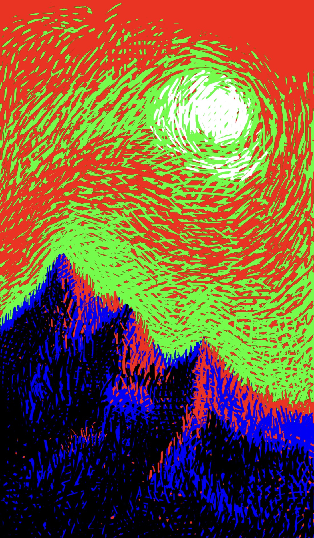 A sun blazes over a mountain valley. On the left side of the drawing, sloping down towards the right, are a series of mountain peaks, the ridgeline highlighted in red. The sky itself is a garish, impressionist blend of red and green. The sun is white. The shaded part of the mountains are black and blue. The drawing is rendered in a rough, impressionist texture, suggesting either a woodcut or heavy brushstrokes.