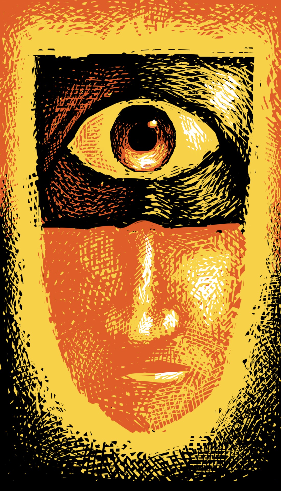 A face shaped like a tall shield: flat on top, with a curved, pointed bottom. The top half of the face is occupied by a single eye on a dark, textured background, roughly suggestive of a Cyclops wearing a leather mask. The lower half of the face is red and ordinary looking: nose, closed mouth. Surrounding the face is a textured gradient. The colors of the gradient are the inverse of the face: a red gradient on the top, a black gradient below.