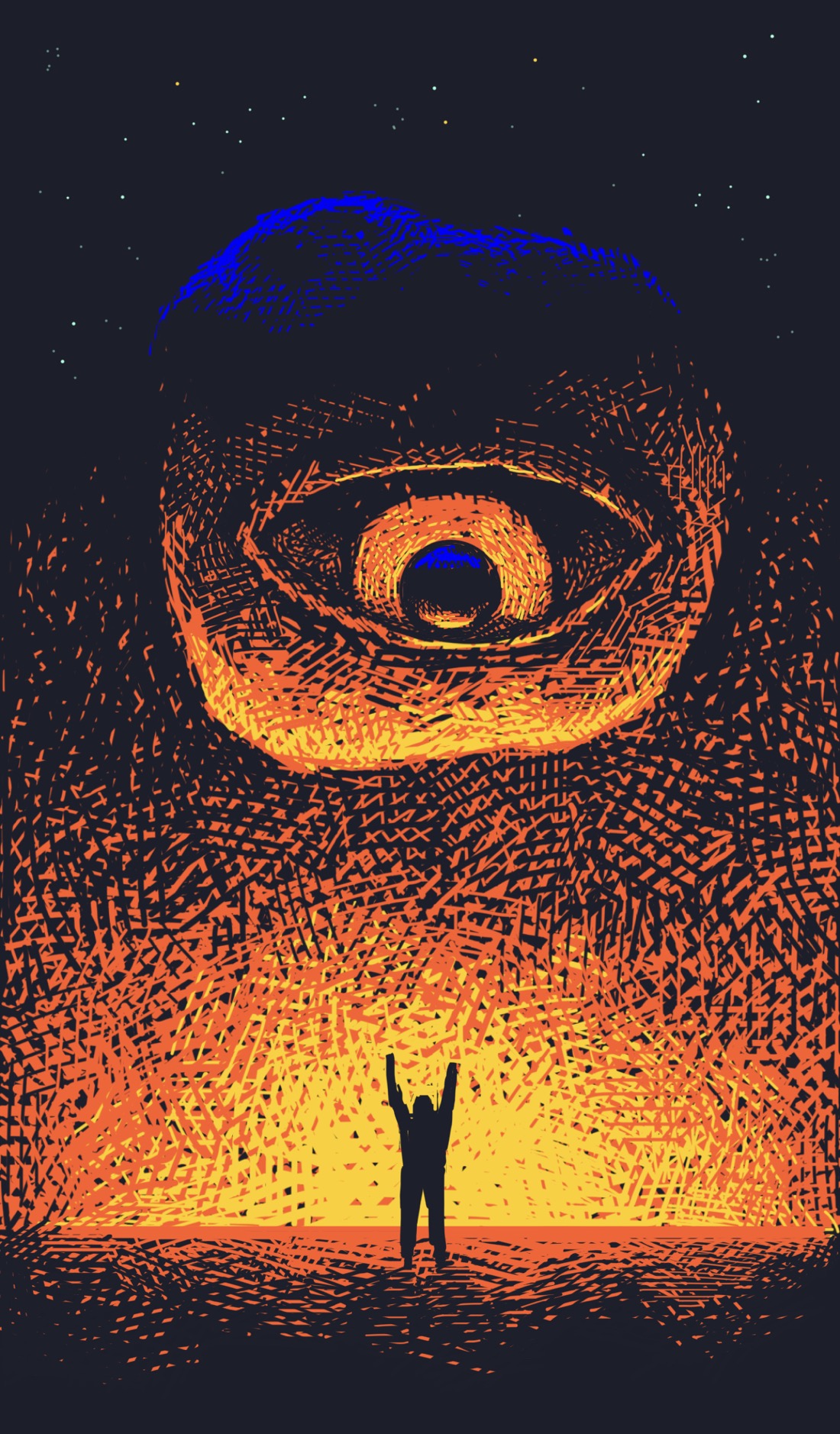 A vast desert plain. Above, the sky is black and starry; below, a light blazes on the horizon, less like a sunset and more like a bonfire. Hanging above the plain is what appears to be an asteroid with a huge eye on it. The eye is looking down at the desert, where a tiny figure stands, both arms raised, seemingly signaling to it.