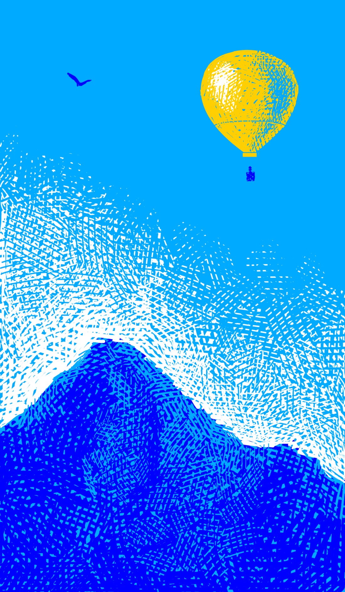 A mountain peak, a clear blue sky, and a bright yellow hot air balloon drifting in the top right. In the top left is an eagle, high above the mountain. There is no more to this place than this.