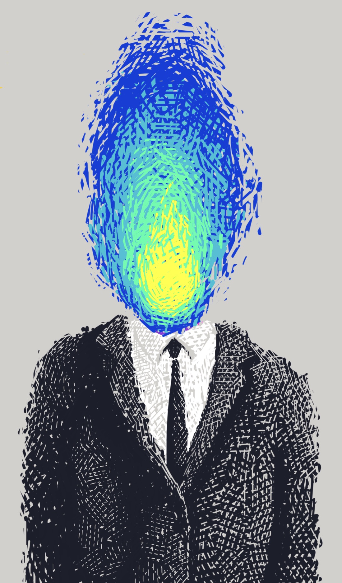 A figure wearing a black suit and a tie. The figure's head is a spouting, flame-shaped jet of blue and green, with a yellow center. This is not as disgusting as it sounds. It's not clear whether this is a flame or a substance, but such distinctions are of dubious relevance when the subject matter is metaphorical.