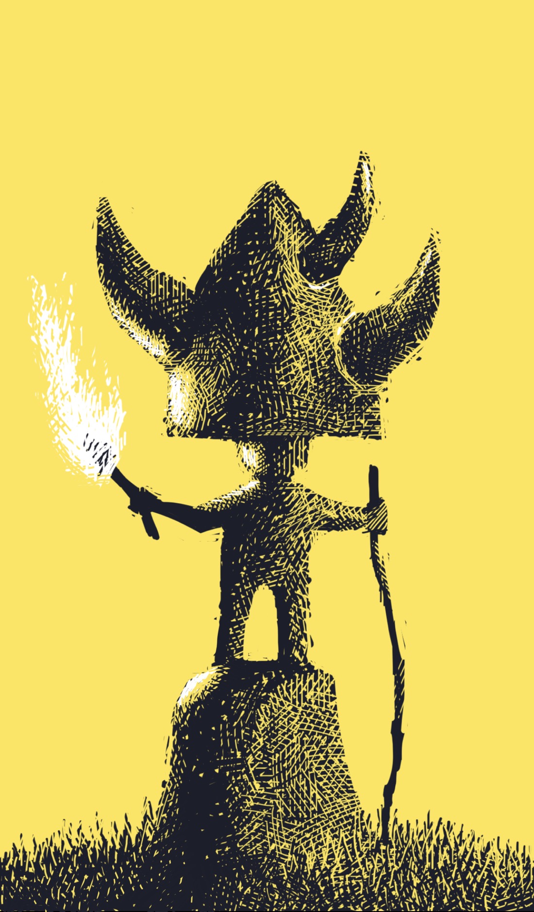 A stumpy stone pedestal stands in the middle of an empty grassy area. On the pedestal is a small, child-sized statue, arms out. The right hand holds a long, crooked staff reaching down to the ground; the left hand holds a flaming torch. The statue is wearing a giant pointed Viking-esque helmet with three horns on it. The helmet is about the size of the statue itself. The background and sky are empty, suggesting an open, barren area.