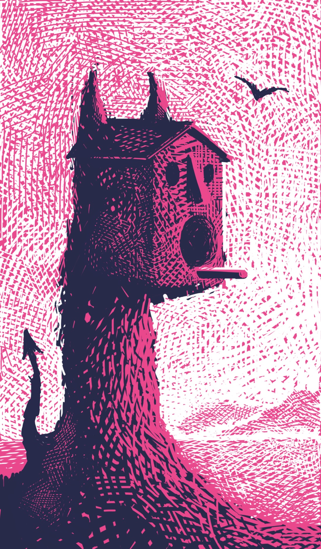 The stump of a thick tree, with a birdhouse mounted at the top of it. The front of the birdhouse looks like a face: the circular entrance is the mouth, with a nose and two round holes placed above it. The birdhouse also has two devil horns and, behind the stump at the base of it, something sticking up from the ground that looks a lot like a pointed tail. In the background is a flat plain, with mountains in the distance. A bird is flying off in the sky.