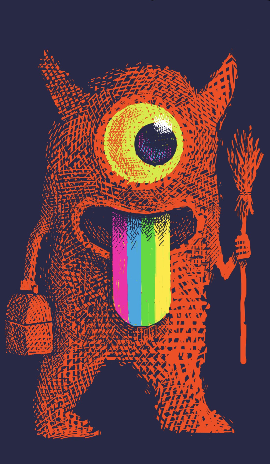 A red monster with two horns and one large round eye holds a broom and a small toolbox. The monster is sticking out a long, rainbow tongue.