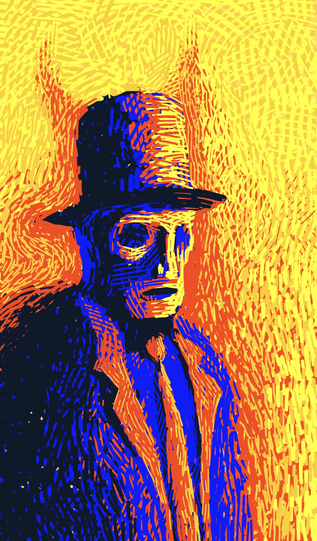 An eerie figure with sunken cheeks and hollow eyes. The figure is wearing a top hat, and a coat with a tie. The background is blazing yellow, as if illuminated by firelight. The figure is casting a red shadow against the background; a shadow with two horns.