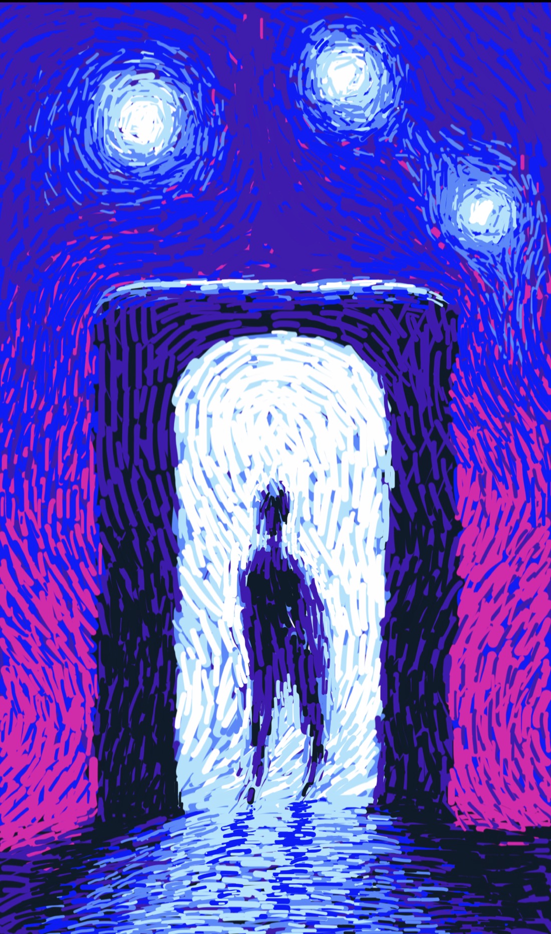 A night scene, with three blazing white objects in a dark indigo sky. The horizon is crimson. In the middle is an archway with light blazing from it, suggesting a portal or gateway of some sort. A figure stands in the archway, silhouetted in the white light.