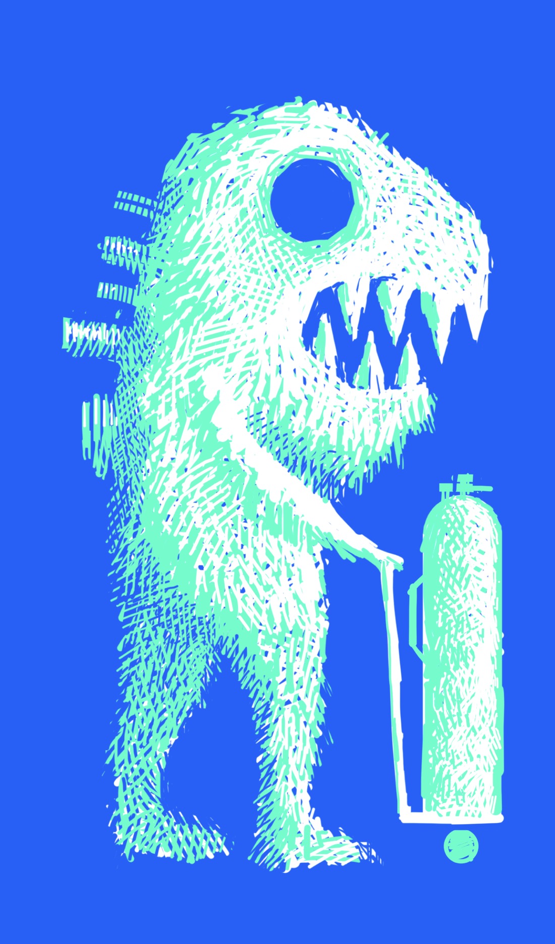 A furry creature with a large head, an empty eyesocket, and a giant, toothy mouth pushes a small cart on which is placed a tall, thin tank that looks kind of like a fire extinguisher or something containing a compressed gas. Protruding from the creature's back are several pipes and tubes of varying size.