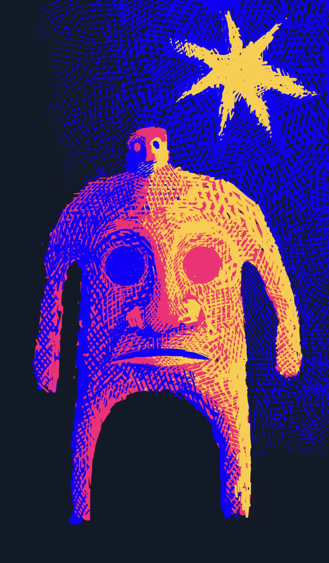 A figure with exaggerated proportions—small head, thin arms and legs, a very wide body—stands on a black background. The figure's chest is covered by an expressionless face with empty eyes. The figure is standing beneath a bright yellow star.