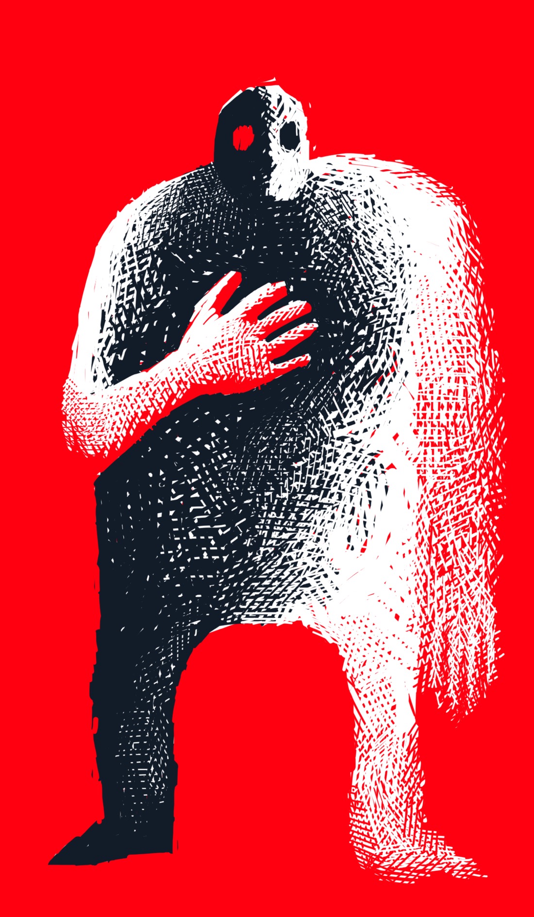 A hulking, humanoid figure that could only be described as "vast", in the way that a gorilla is vast. The figure is set against a bright red background. The right side of the figure is black, as though in shadow; the left side is white. The figure's right hand is placed across its chest, as if it is taking an oath. The left side is blurry and foggy; fading away, or not all there to begin with.