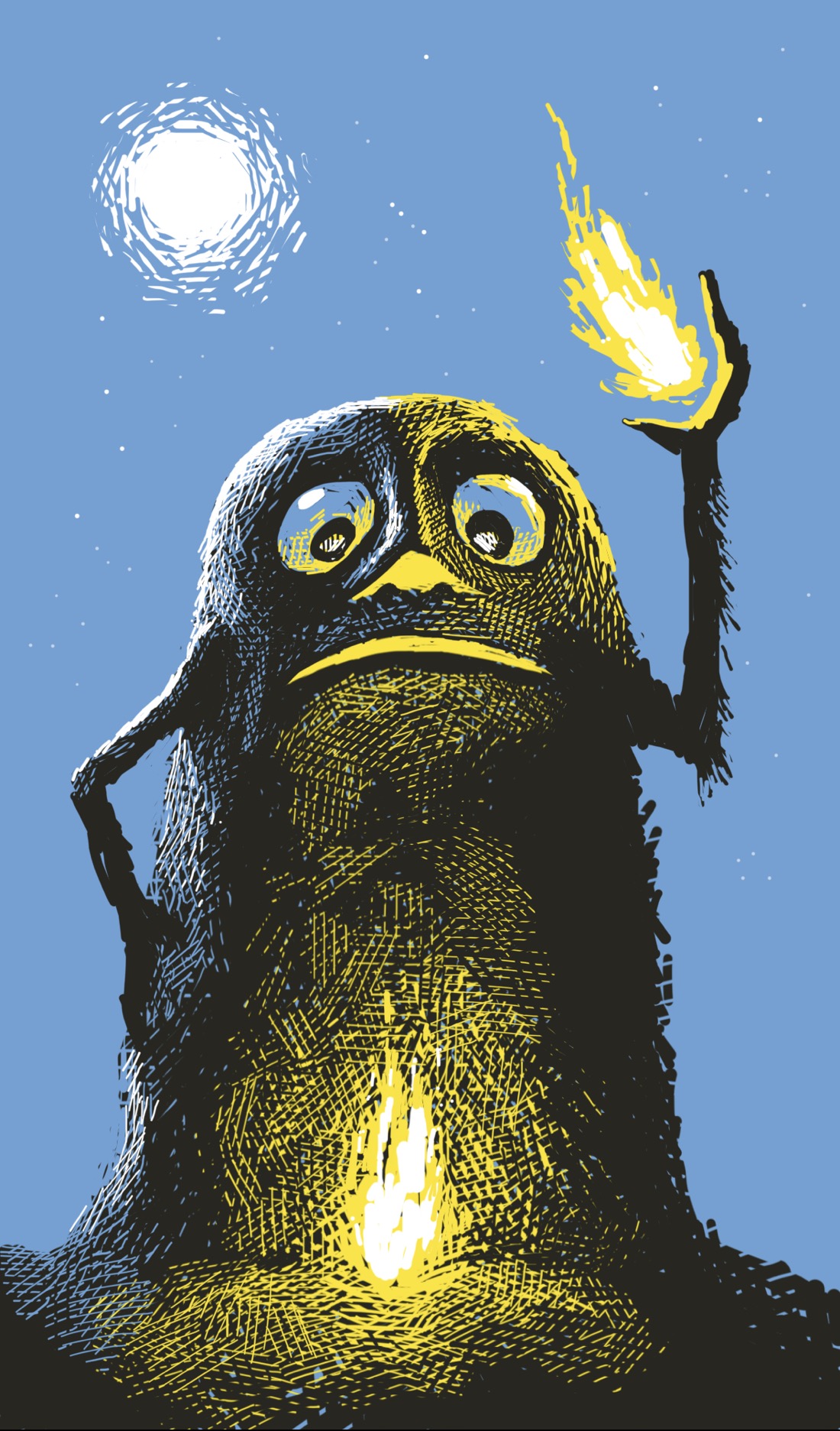 A roughly bullet-shaped creature—cylindrical body, domed head, two spindly arms—stands on the ground at night in front of a small fire. The creature's left arm is up, fingers apart, conjuring up a flame. A full moon and starry sky are visible over the creature's right shoulder. The creature's face is eerily lit from below by the small fire in front of it.