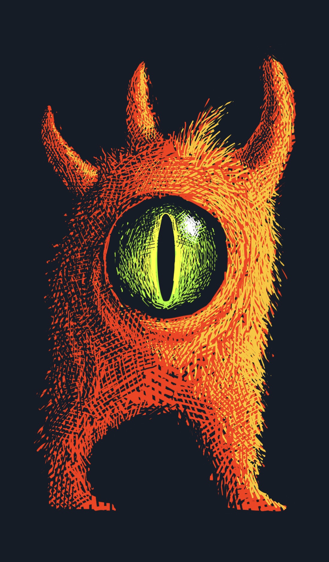 A furry, orange, two-legged creature with a tuft of hair, three horns, and one bright green eye with a narrow slit for an iris, like a snake's eye.