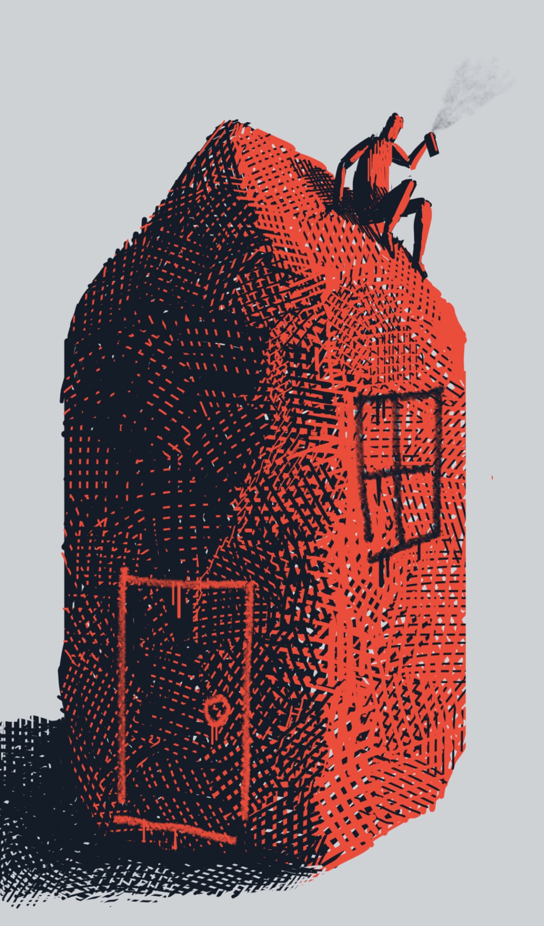 A large, red, house-shaped lump. Imagine a roughly cubical brick or rock with a pointed top. A door is spray-painted on one side, and a window is spray-painted on the other. On top of the house sits a person with a can of spray paint, spraying a jet of black paint into the air.