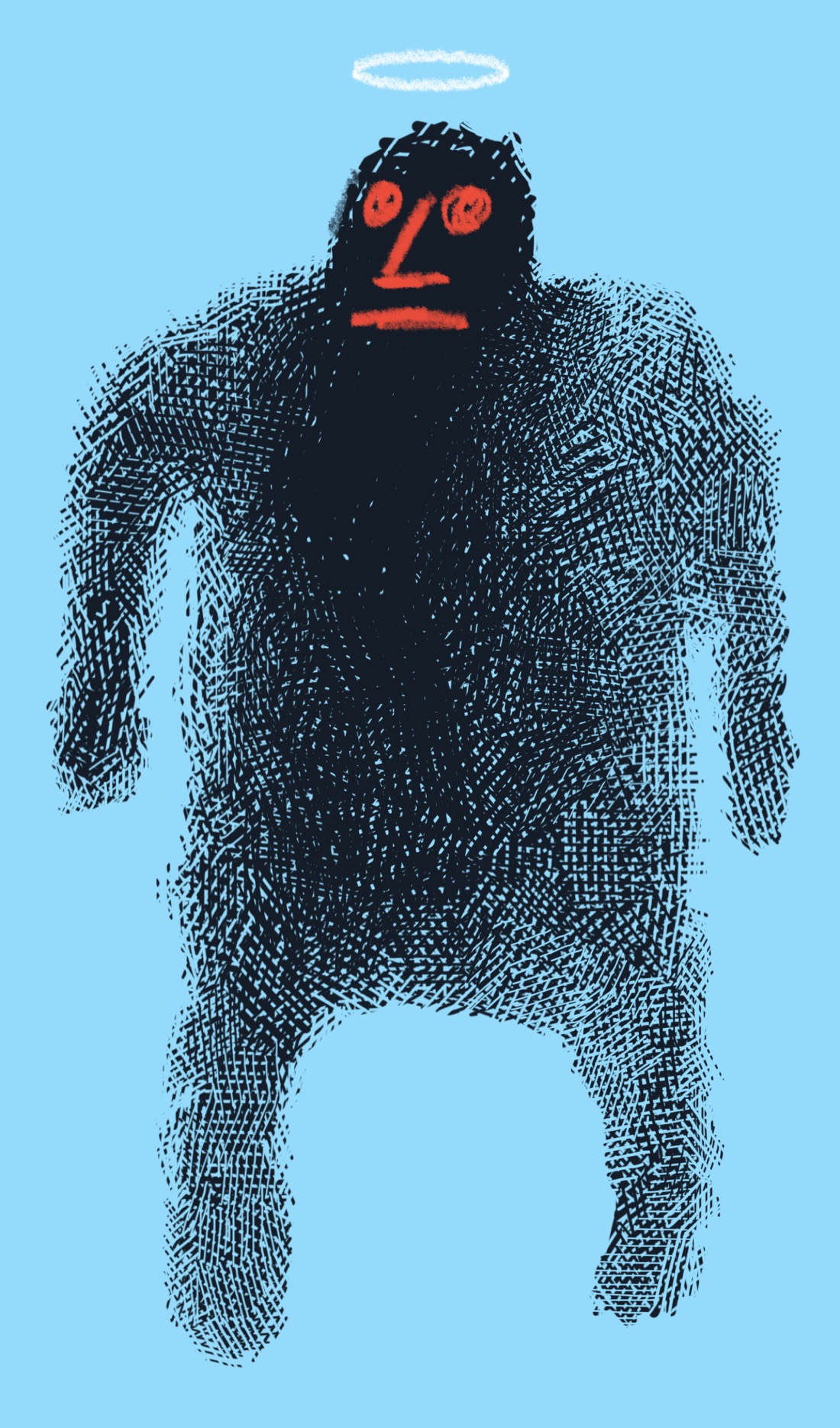 A humanoid figure, the edges rough and hazy, as though it's in the process of fading out. The head and chest area are the most solid. The face looks like it was crudely drawn with a red crayon. There's a white halo, also drawn in crayon, over its head.