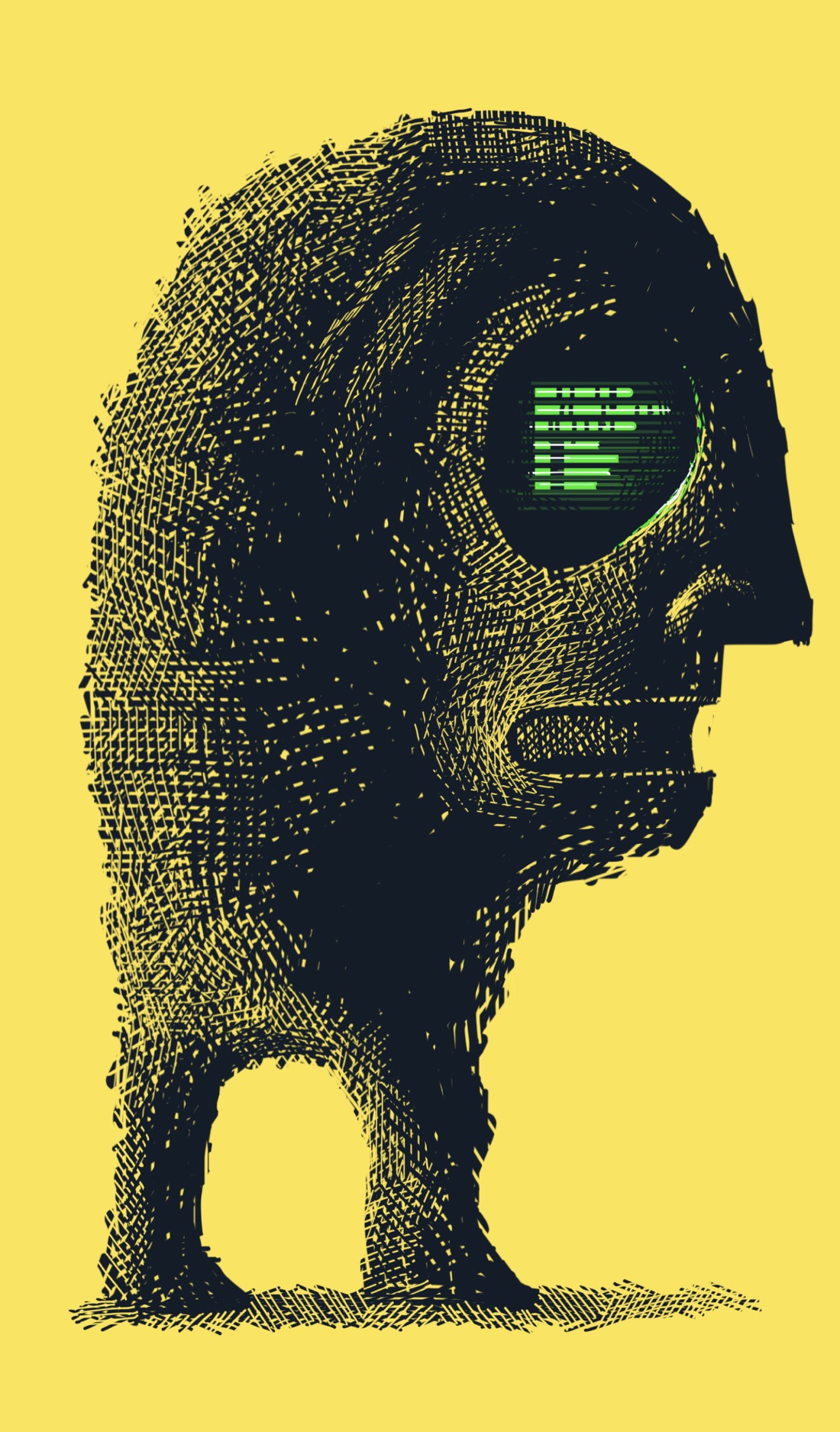 A giant head with two legs and no arms. The head looks like that of a robot: no hair, an oddly machinelike mouth, and a large eyesocket, which seems to be a computer screen displaying lines of glowing green text.