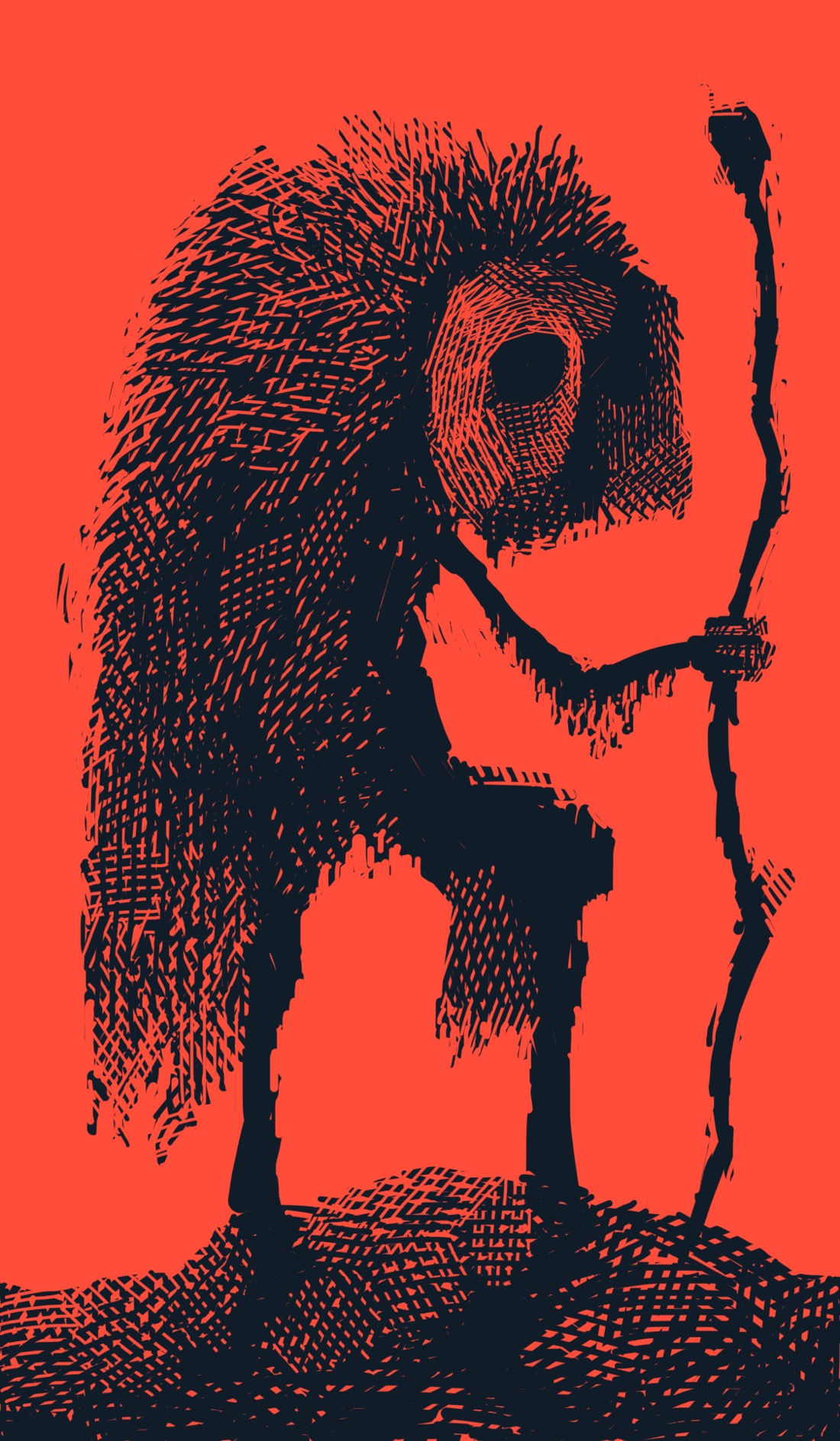 A thin, almost skeletal figure, wearing an expressionless mask with no facial features except two empty eyeholes, stands on a small, barren mound, holding a crooked stick. The figure is also wearing a heavy fur cloak piled on its back, giving it a hunchbacked appearance, as well as some ragged clothing.