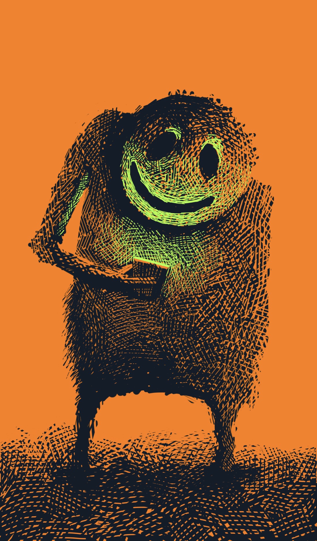 A figure stands looking at its phone. The figure has two short legs, a heavy barrel-shaped body, and a face that looks like a smiley-face mask. The face is lit eerily from below with green light from the phone screen. There are no background details, and the ground is hazy in a way that suggests the figure is standing in front of fog.