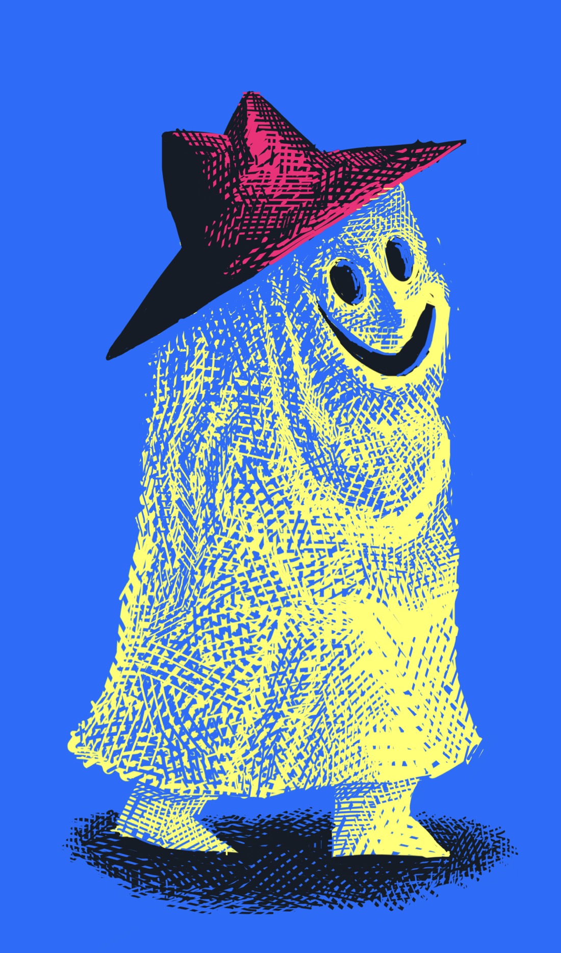 A figure that appears to be wearing a ghost costume made of a sheet. The figure is yellow, with no arms, and is also wearing a crimson broad-brimmed hat that looks like something a cartoon spy would wear. The figure's face is a simple smiley-face arrangement of two round holes for eyes and a smiling empty mouth.