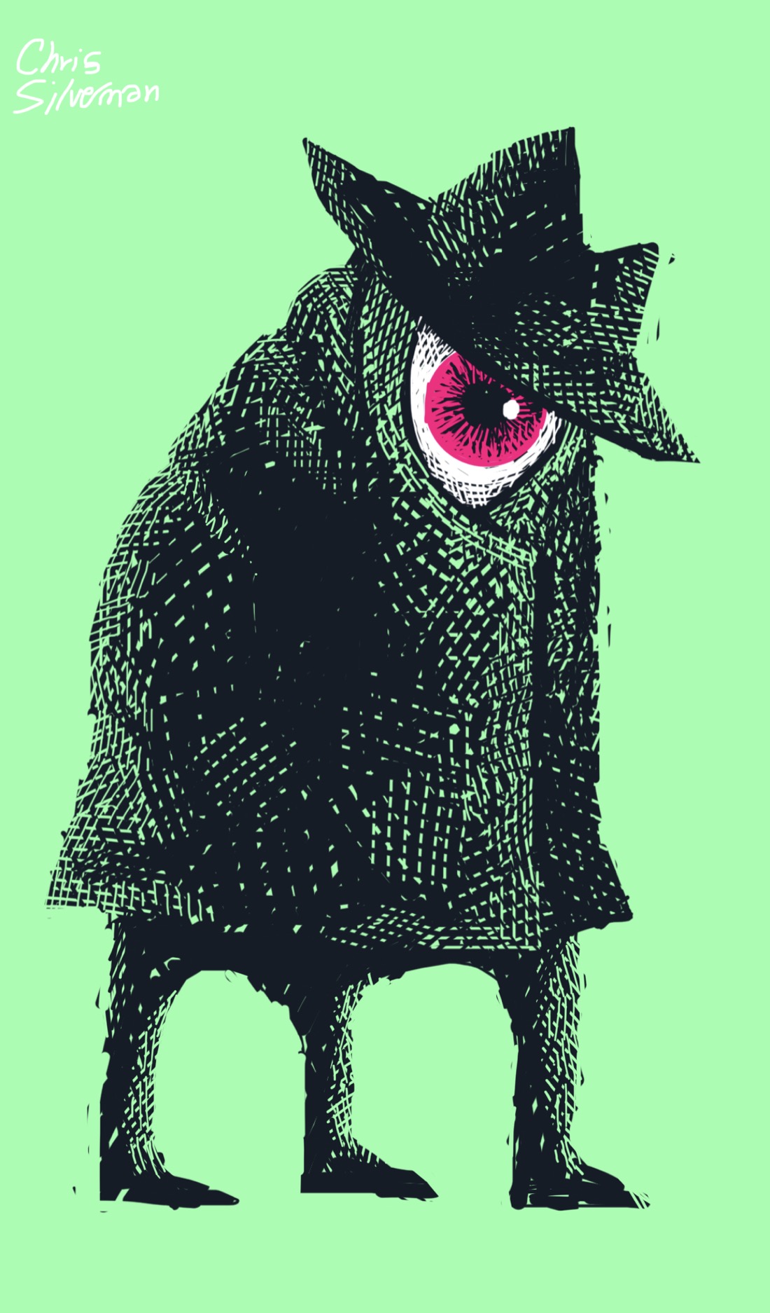 A figure with three legs and no arms. The figure is wearing a trenchcoat and a large-brimmed spy hat, with one giant crimson eye appearing under the hat. The coat is buttoned up tightly around a large eyeball that, while most of it is concealed, appears to be the entirety of the creature's head.
