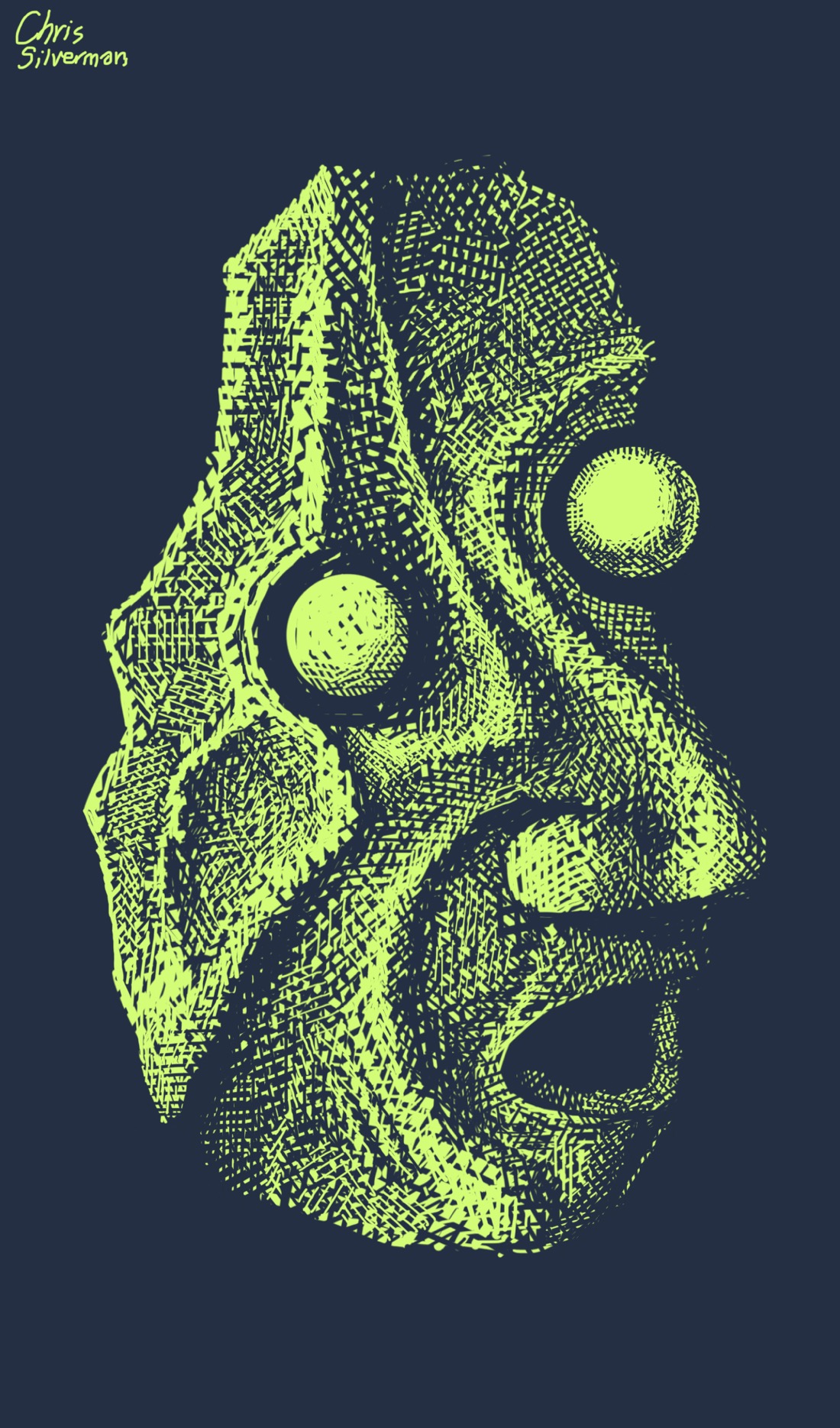 A rough, misshapen mask of a face—more suggestive of a fragment than a single object itself—with a large nose, open mouth, and bony, irregular striations. The eyes are two blank spheres that seem to float next to the mask. The mask is bright green on a black background.