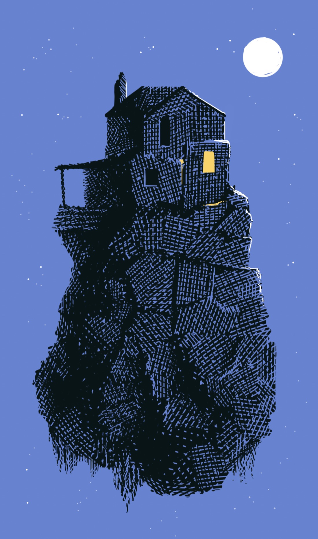 A huge asteroid-like rock hangs suspended in a dark blue starry sky. Built on the top of a rock is a small concrete house that looks a bit slipshod in construction: uneven walls, uneven windows. In the back is a porch with a roof. Hanging from the bottom of the asteroid are what looks like weeds or Spanish moss. In the top right of the sky is a bright, full moon, the white light reflecting off the roof and sides of the house. The house has several windows, most of which are dark, but one of which is lit with bright yellow light. No living things are visible.
