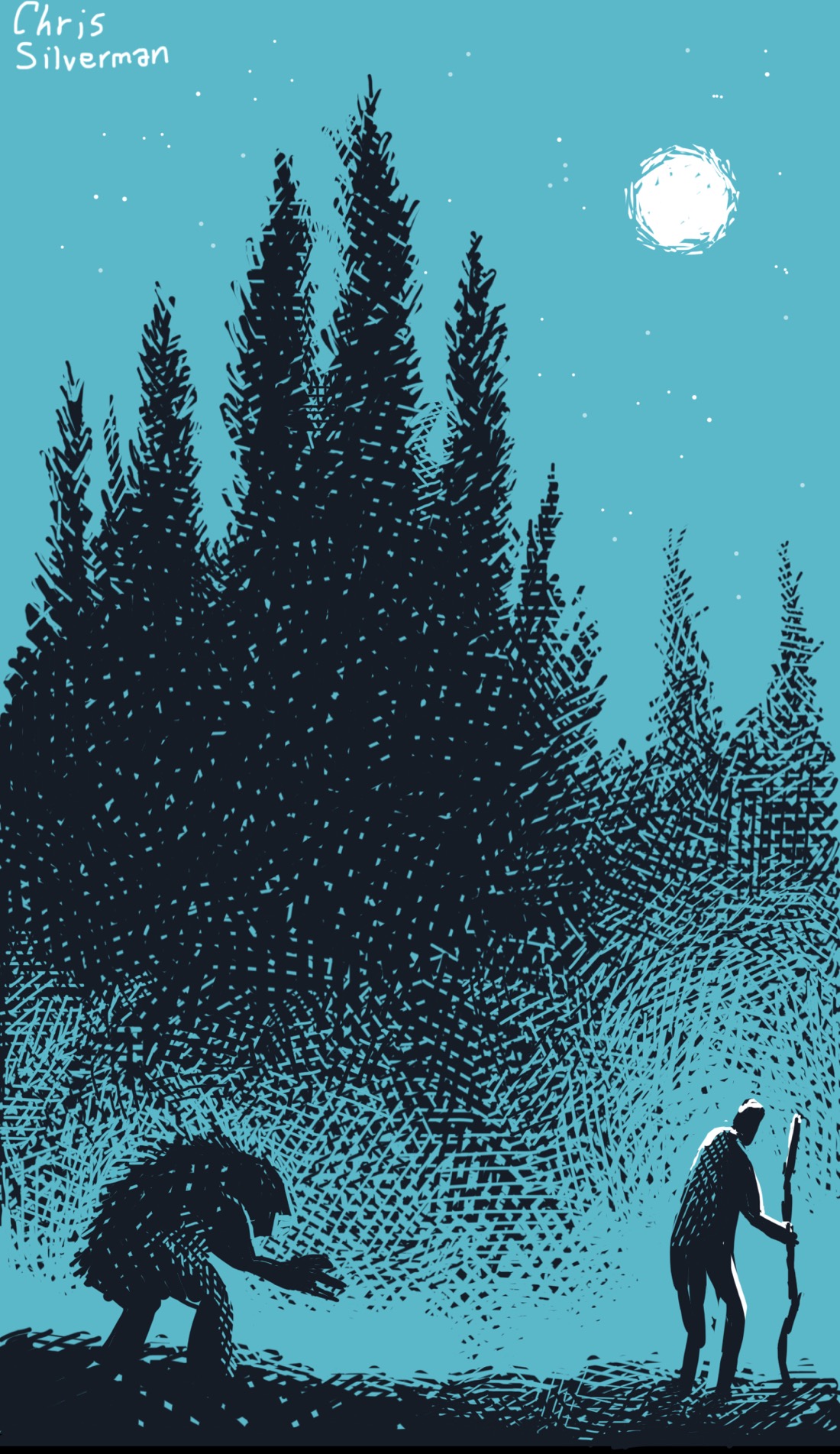 A forest at night: the full moon high in the sky, and a black wall of narrow, twisted pines. A low fog hangs over a path. Walking along the path, on the right side of the drawing, is a person holding a walking stick, the moonlight reflecting off them. They are going to need that stick, because creeping directly behind them, crouched and ready, is something else: something vaguely humanoid but furry and brutish; something that does not look like it comes out during the day. The drawing is black ink on a dark teal background. The moon and the moonlight are white.