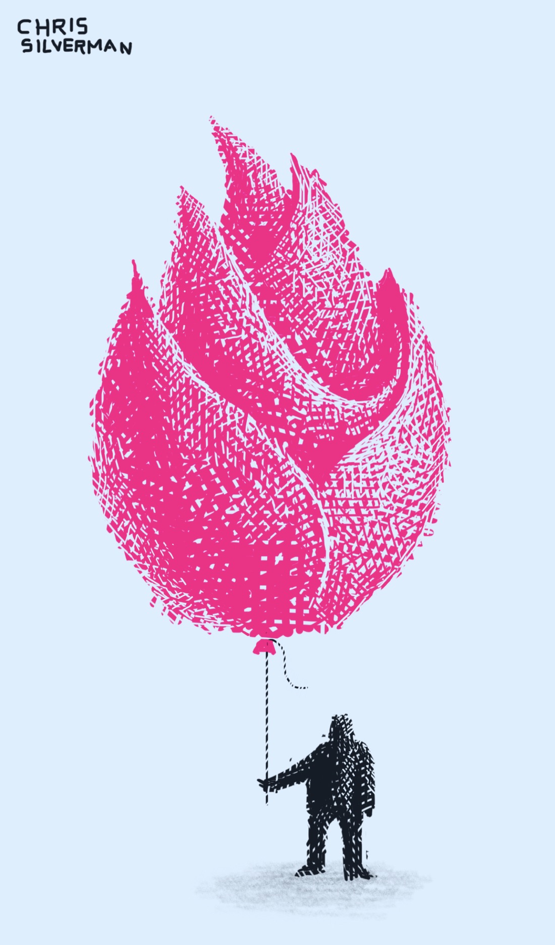 A person holds a string attached to a very large crimson balloon floating above their head. The balloon is the size of a small cottage. Instead of being spherical, though, the balloon looks like a rose, albeit one with smoother, simpler petals: something that might have been created by a machine. The rose is crimson; the person is a black silhouette; the background is a light featureless blue.