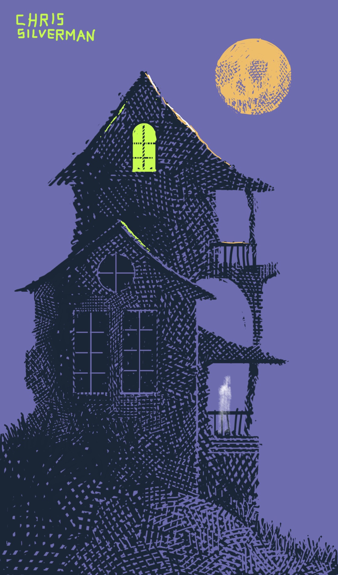 A spooky house. The house is tall and thin—"spindly" might be a better word—with at least three stories, and two covered porches, one above the other. The architecture is almost cartoonish: curvy and warped. Most of the windows are dark, except for the very top one in the attic, which glows a bright, otherworldly green. Nothing is seen in this window, just the light. Above the house hangs a large, orange moon, the shadows suggesting a skeletal face. On the first-floor covered veranda stands a blurry, translucent white figure.
