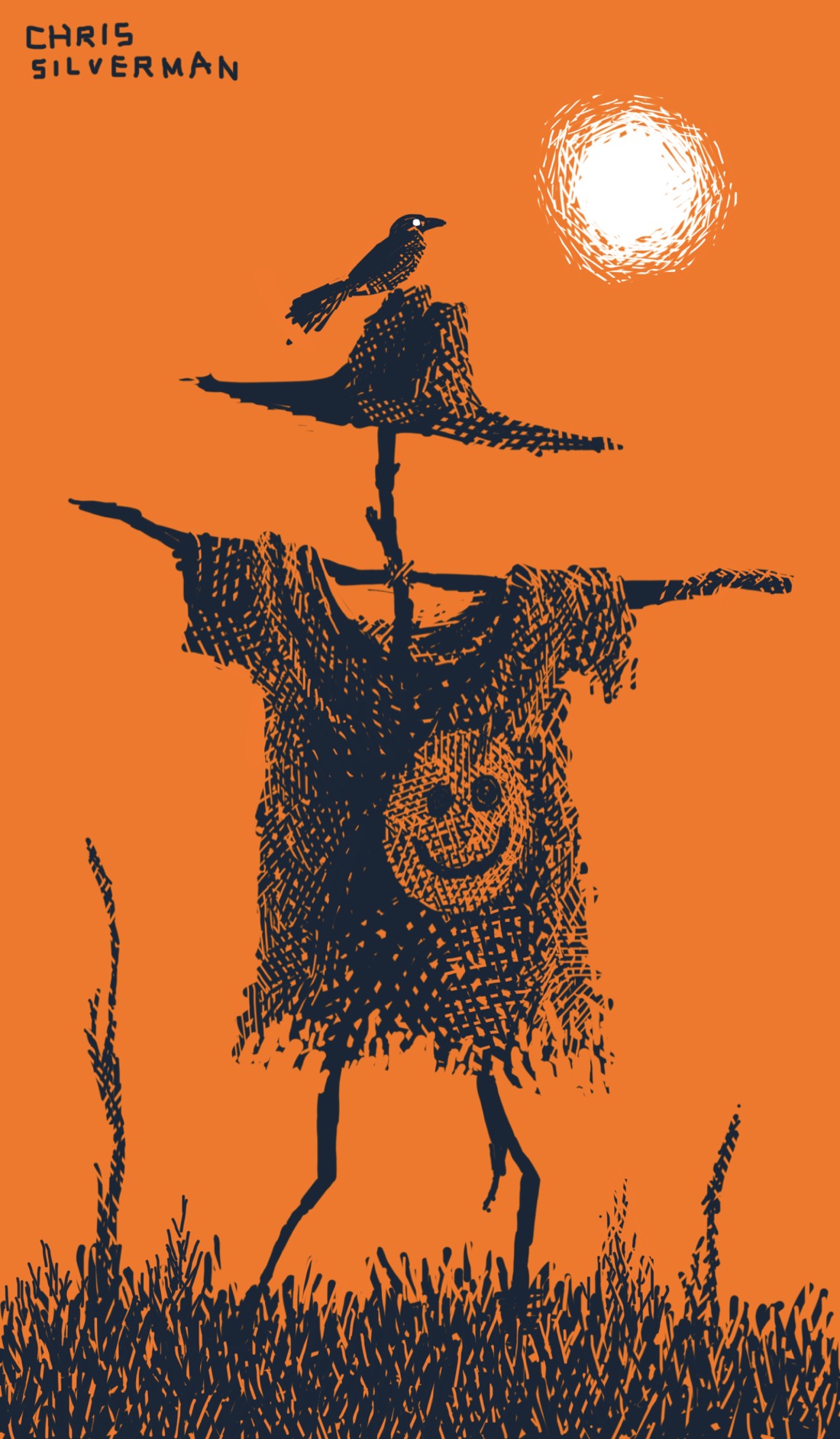 A scarecrow with two stick legs, no head, a large wide-brimmed hat, and a tattered T-shirt with a smiley-face symbol on it. The scarecrow stands under a blazing sun in the middle of a meadow with a couple of stalks nearby. A black bird is perched on the scarecrow's hat. The scarecrow and field are black; the sun is white; the background is orange.