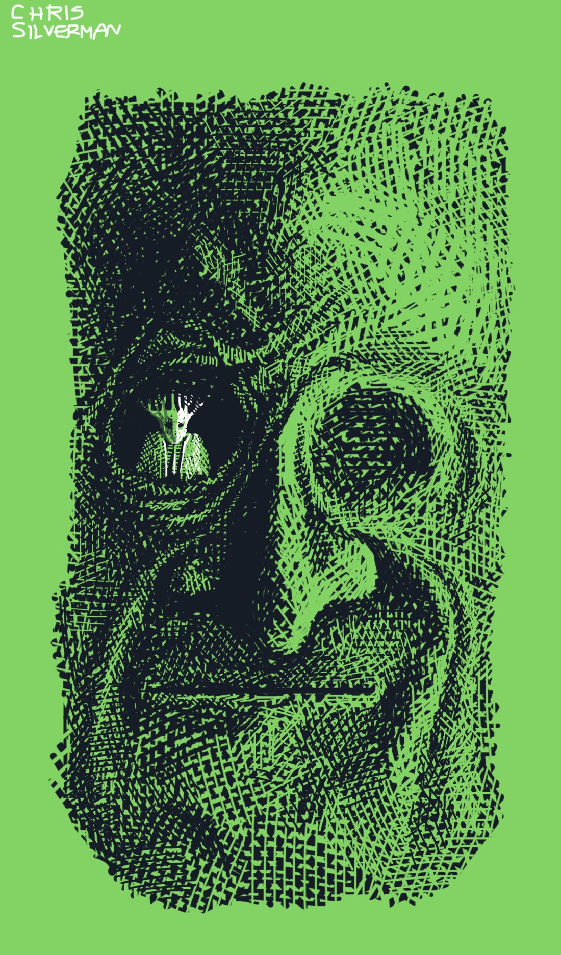 A face that appears to be carved into a rectangular block of wood or stone. The face is craggy with a hooked nose, a mouth straight as a ruler, and two round eye sockets without eyes. The left eye socket is empty; not a hole, but a circular indentation, as if you pressed a sphere into clay. The right eye socket is a round black hole, like you'd find on a mask. Sitting inside that hole, as though looking out a window, is a small figure with antlers and a suit jacket. That eye socket is surrounded by odd striations and wrinkles. The drawing is black ink on a green background.