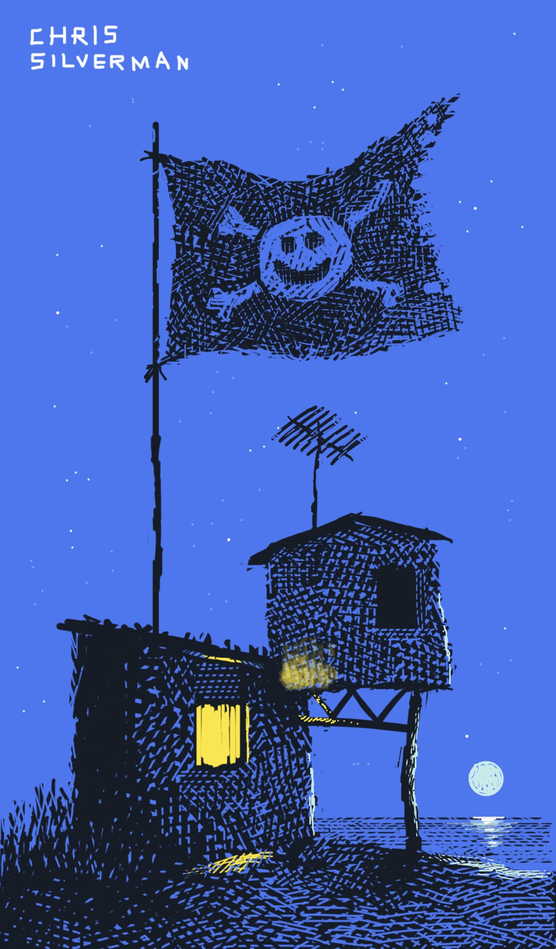 A scene at night. A ramshackle construction sits on a beach: a small shack, with another shack raised on stilts, fused into one corner of the first one. Both have windows, but the window in the ground-floor shack is lit. A television aerial is planted on the roof of the second shack. Flying over both of them is a large pirate flag, fixed to a pole emerging from roof of the ground-floor shack. This is a slightly different design of a pirate flag, though: instead of a skull, there's a smiley-face. The moon sits right above the horizon, reflecting on the ocean, either rising or setting. The drawing is rendered in black ink; the lit window is yellow; the moon is a pale white, and the rest of the scene is dark blue.