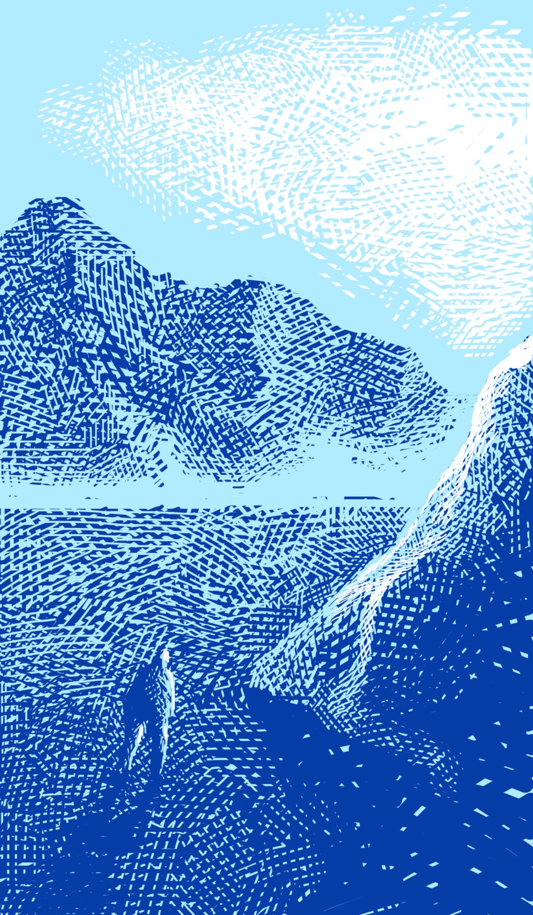 A flat plane: maybe a desert, but it kind of looks like a frozen lake. In the distance are craggy mountains. Positioned on the plane nearer to the viewer, like an iceberg poking out of the ice, is a sharply angular mountain or boulder. Walking across the plane next to the boulder is a small figure, casting a shadow. The drawing is dark blue ink on the light blue background. In the sky, the clouds are rendered in white.