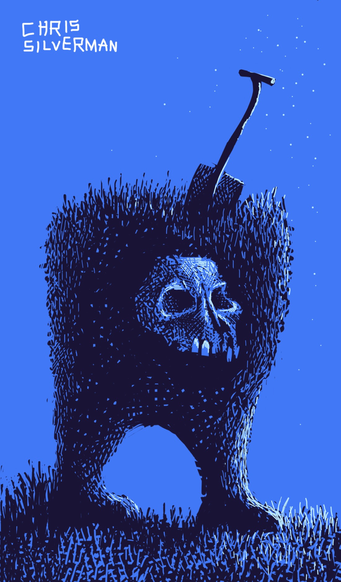 A large torso with two legs and no arms. Where the head and shoulders would be is a grassy surface. This is the lower half of a creature, made from soil. The creature stands on a field at night. No moon is visible, but there seems to be moonlight reflecting off the creature. Stuck in the grassy top part of the creature is a short shovel. Buried inside the creature is a crumbling skull, off which the moonlight is also reflecting even though it's totally buried in the soil. This is a black drawing on a dark blue surface, with the moonlight rendered in very pale blue.