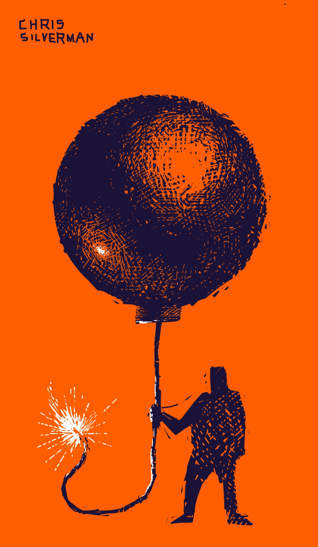 A large, spherical cartoon bomb, but upside down and hovering in space, so the fuse is hanging below it. Standing under the bomb, holding the fuse as though the bomb is a giant balloon, is a small figure. The fuse is lit. The drawing is black ink on an orange background, with the lit fuse and reflections rendered in white.