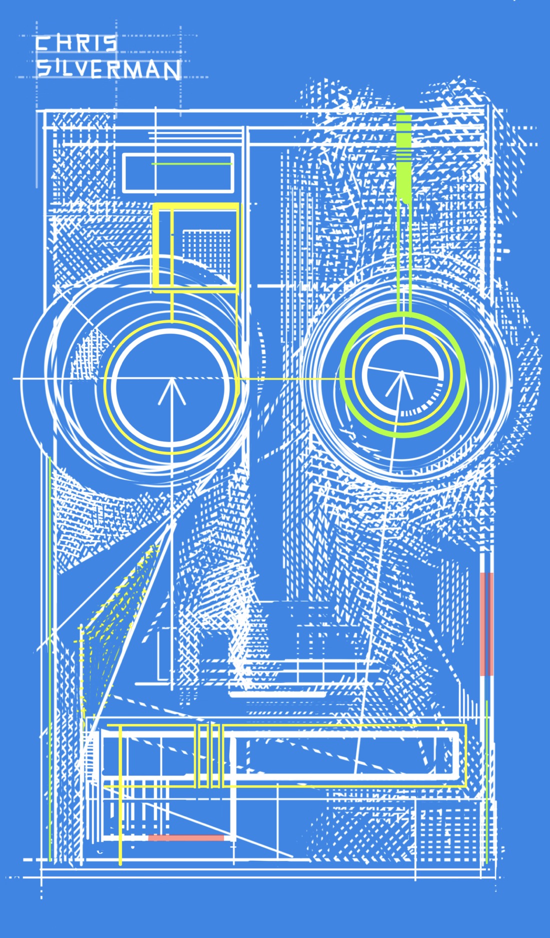 An intricate pattern of geometric shapes, lines, and textures that form a rough, robotic face. It looks like a blueprint for a mask or a microchip. The drawing is mostly white ink on a medium-blue background, with some shapes drawn in yellow, green, and a translucent highlighter pink.