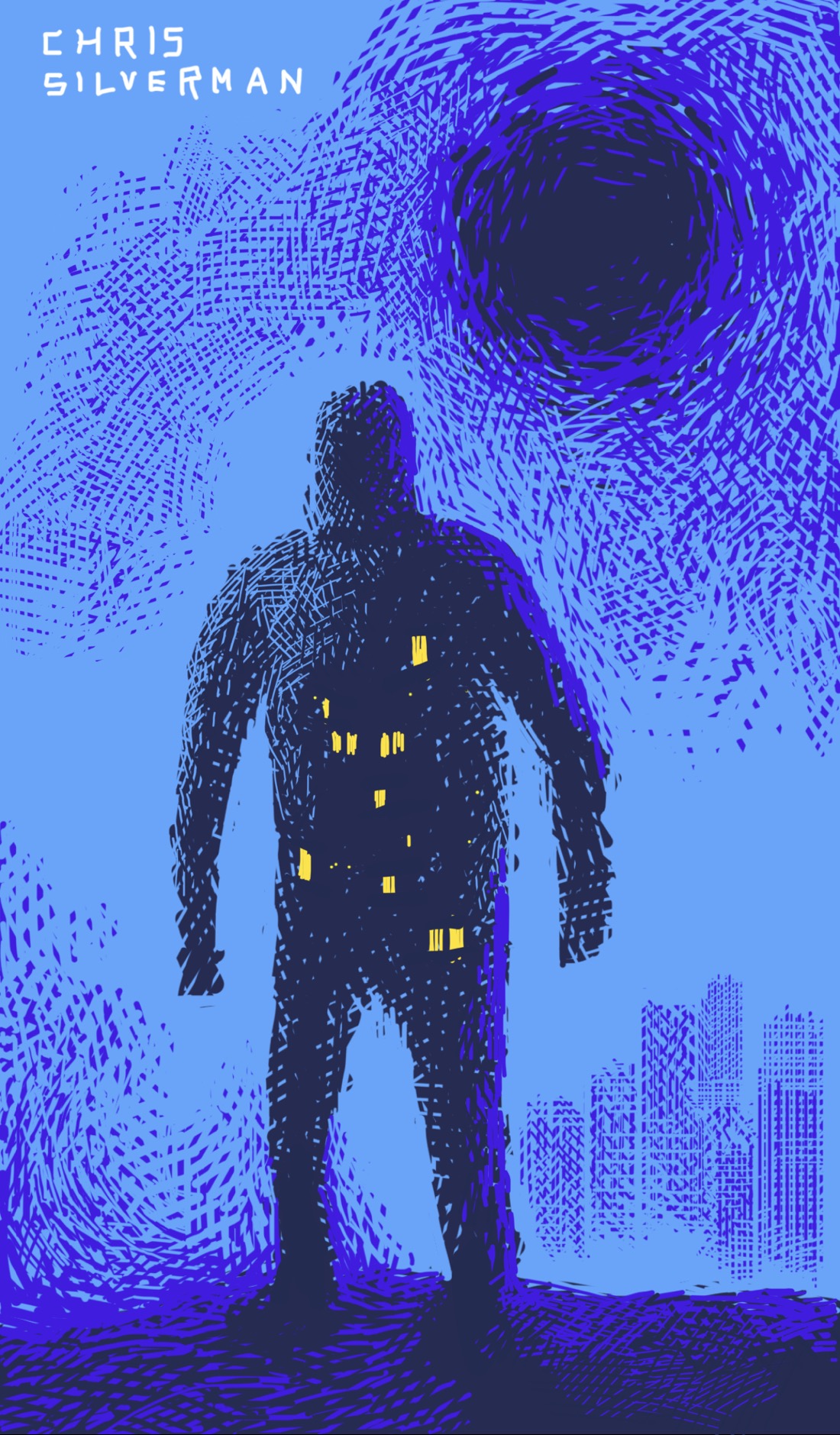 A figure stands silhouetted against the sky. In the background is a city skyline of skyscrapers. In the sky, where the sun would be, is a giant black ball, sort of an inverted sun that resembles a black hole or a vortex. The figure, mostly black, has small yellow rectangles on it, suggesting the windows of a skyscraper. Other than those specks of yellow, the drawing is black and indigo ink on a light blue background.