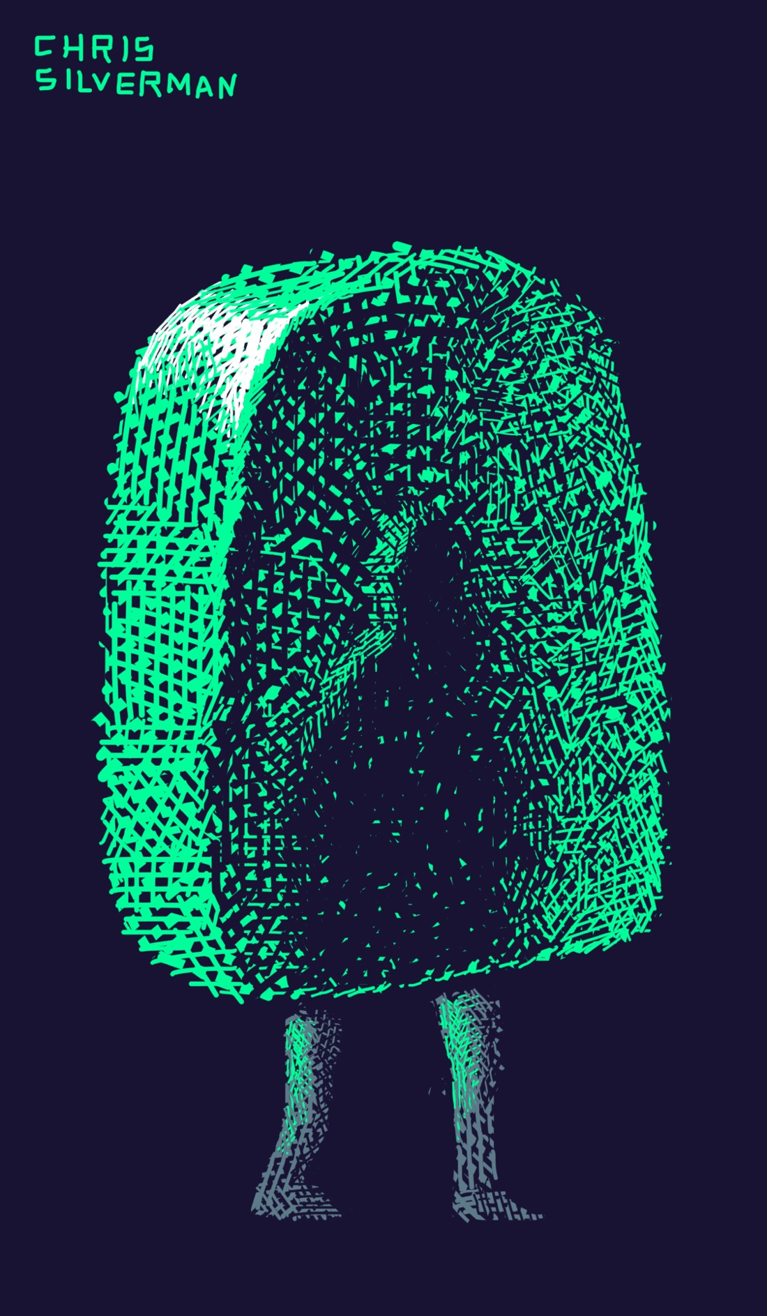 A large, green, translucent block: maybe ice, maybe soap, maybe Jell-O. A human figure is partly embedded in the block, from the waist up. No arms are visible, just the blurry form of the figure's upper body. The figure's two legs extend below the block. The effect is of a person wearing a very realistic popsicle costume. The drawing is glowing, radioactive-green ink on a black background. The legs of the figure are gray; the light reflecting off the popsicle is white.