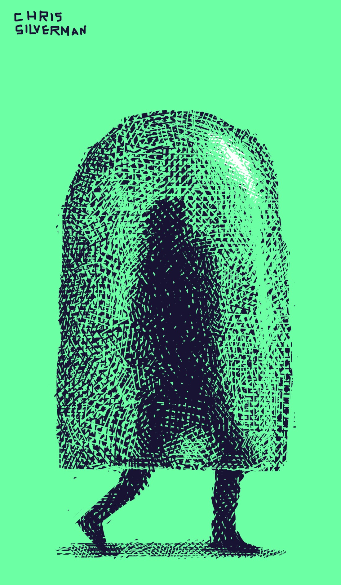 A person, mostly covered by what looks like a popsicle. The person is immersed in a rectangular, semi-translucent block of something: straight sides and a rounded top. The person's arms aren't visible. The person seems to be walking. The drawing is black ink on a neon green background. The light reflecting off the top of the popsicle is white.