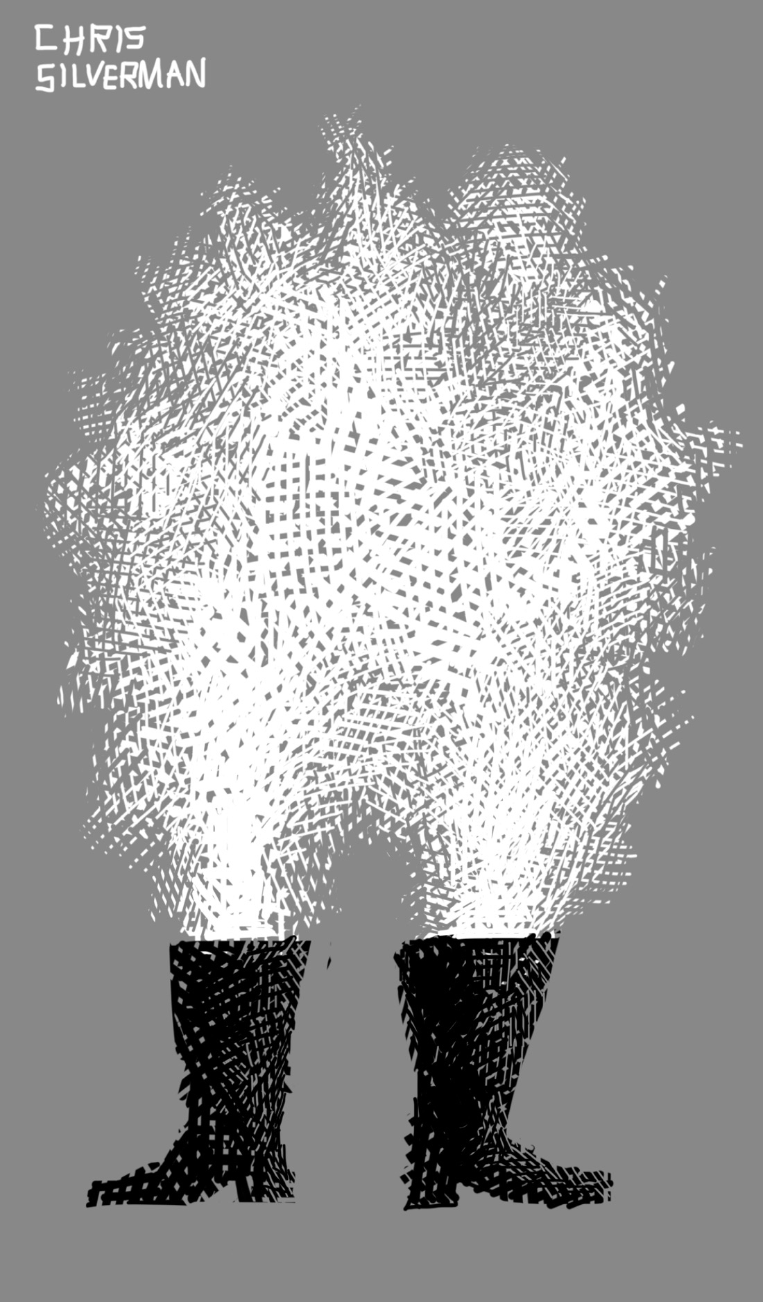 Two black rubber boots, positioned as though someone is standing in them, with steam rising out of each to form a large, amorphous cloud. The background of this drawing is gray; the boots are black; the steam is white.