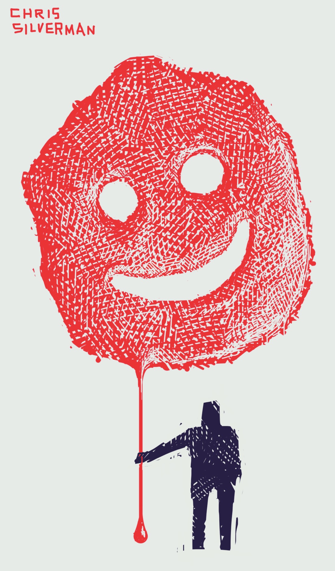 A large, blobby, red smiley-face that seems to be made of candy, melted plastic, or some sticky substance. The smiley-face looks like it is suspended in the air; dangling from it is a long drippy strand. Standing below the face is a small person, holding the strand as though it's a balloon string. The face is much bigger than the person, and looks like it's the size of a weather balloon in comparison. The background of the drawing is light gray, and the person is midnight blue.