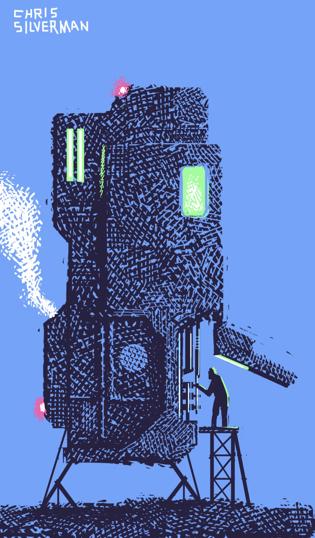 A tall, blocky object that looks like a spaceship or a machine built for traveling. The object is roughly the size and shape of a small tenement building. It has angular, irregular sides, and an overall alien shape and appearance. It has two mechanical legs that keep it upright. On the top and on the lower left side are placed two glowing red lights. The object has two glowing green slots in the top left and a glowing green window in the top right. White steam is pouring out of the object from the middle of the lower left. On the lower right of the object, a hatchway is opened, revealing internals. Someone is standing on a platform, looking into the hatchway and making repairs. The background is blue; the drawing is black; the lights and windows have white highlights, and are red and neon green.