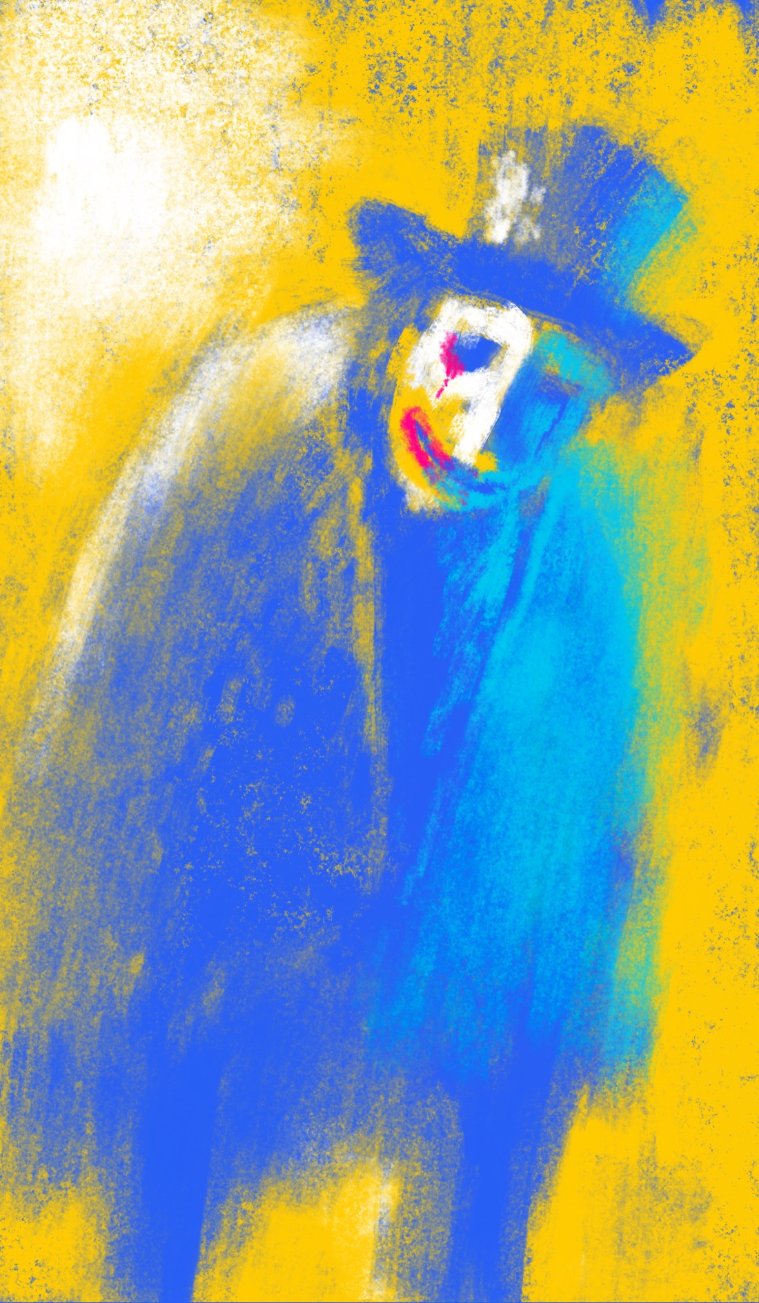 A person wearing a long cloak and top hat stands near a light. The person's face is disturbingly clownish, with garish pink makeup on their lips and eyes. The person appears to loom towards the viewer. The drawing looks like it is rendered in oil; the texture is rough, the details blurry. The background of the drawing is yellow, and the figure is blue. The left side of the figure has white light reflecting off of it; the right side has a bluish-green tint, as though reflecting a pale green light from somewhere else.