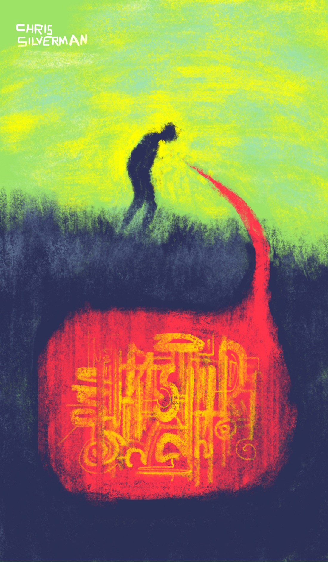 A person stands on a grassy hillside, silhouetted in the dull afternoon light. Buried in the ground below the person is a huge red speech balloon with some strange alien writing in it. The tail of the balloon points to the figure's mouth, snaking out of the ground like a red sprout from a giant red seed. It looks as though the person is consigning a vast, weird secret into the earth. The sky is yellowish green; the hillside, drawn like a cutaway, is gray-black; the intricate writing inside the balloon is yellow.
