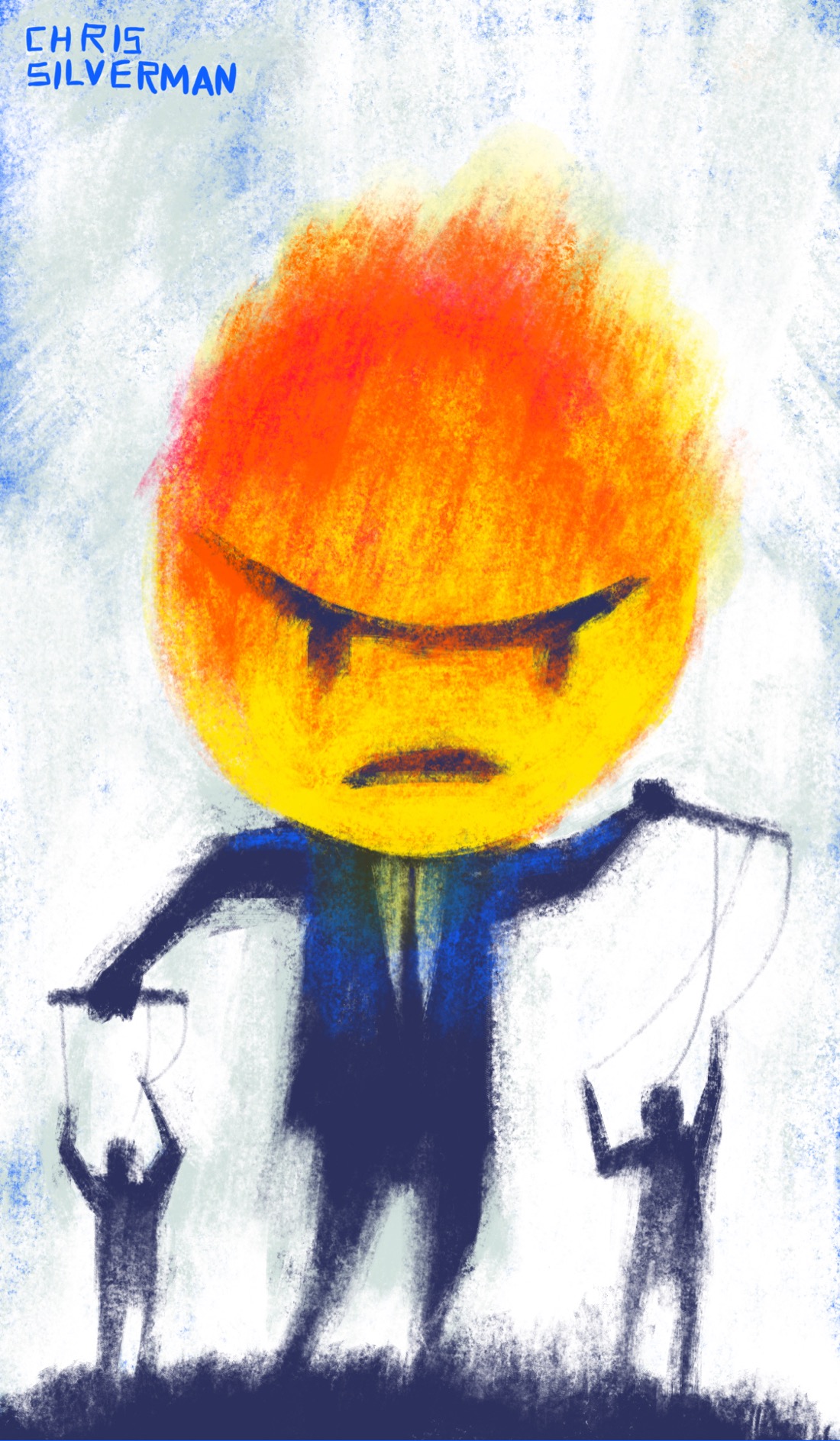 A person wearing a sharp blue suit and tie stands, arms akimbo, controlling a small marionette-figure in each hand. The person's head is a giant rage emoji, styled to look like the one used by Facebook: a scowling icon with the top part flushed red-orange, flames appearing to leap from the top. The background is white, and the marionettes and the ground they stand on is a dark navy blue.
