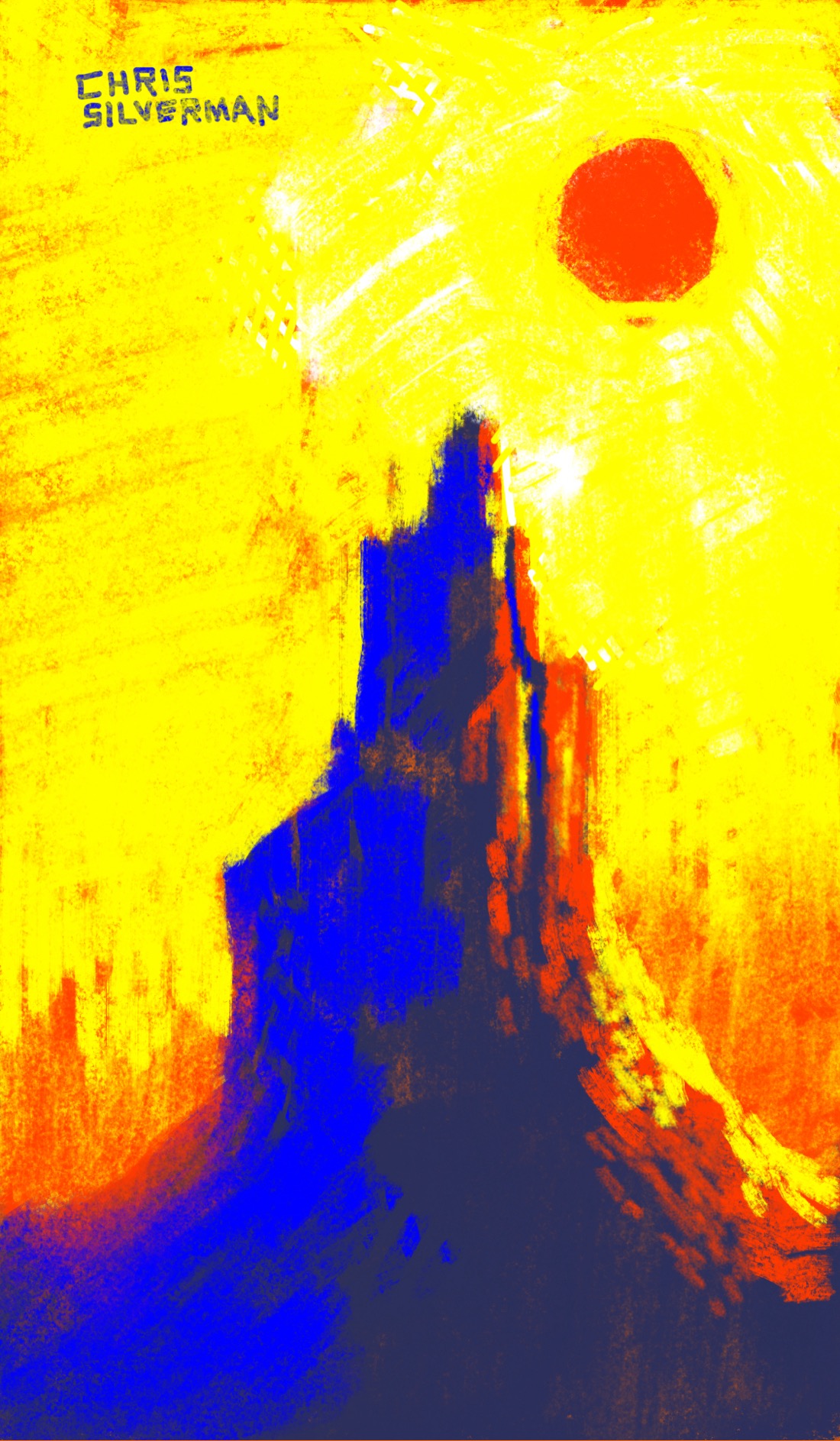 A tall, jagged, rocky promontory, of the sort you'd find in a desert. There are blurry suggestions of similar formations in the background. The red sun blazes high in the sky. This looks like high noon on some remote desert, perhaps even on a different planet. The drawing is composed primarily of four colors: a yellow sky, a red sun, and the black rock that's blazing red on the side towards the sun and a deep blue on the side facing away from it.
