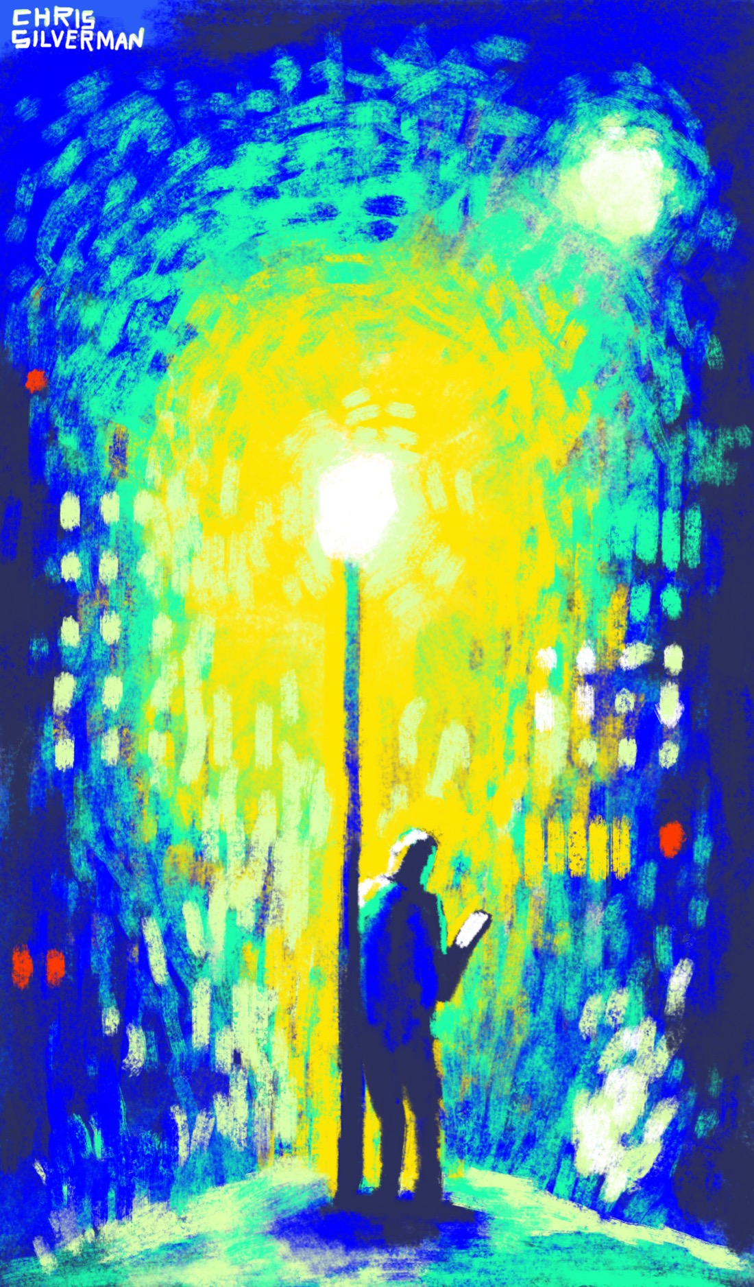 A person stands under a streetlight, holding a phone. The streetlight looks like it may be placed in a city park at night. The scene is rendered in an impressionist style; the light is surrounded by a blast of yellow, neon green, and white. The glow is rendered in thick brushstrokes. Behind the light is the suggestion of a deep blue night, and symmetric rows of lights suggesting buildings. There are a few bright red dots that might be traffic lights or warning lights on buildings. In the top right is a smaller glowing object that could be the moon.