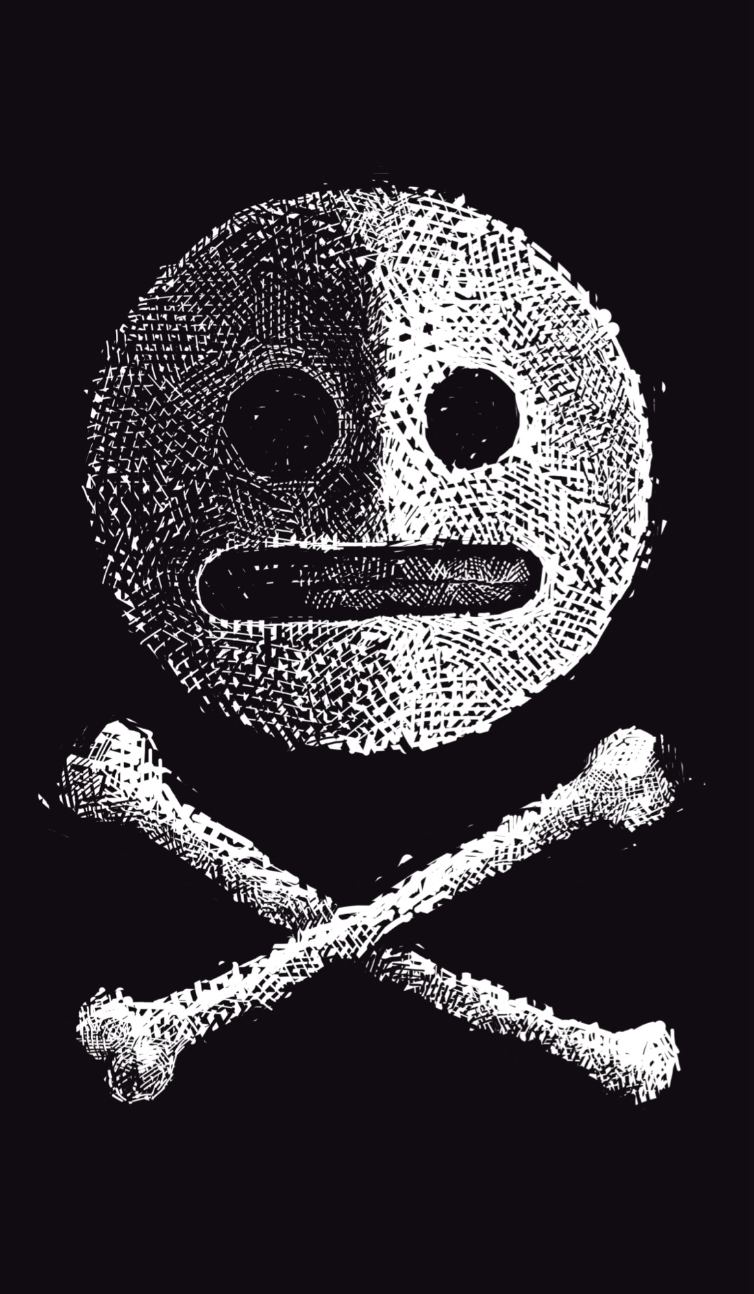 A skull and crossbones, except the skull is that "grimace" emoji: a round face with two dots for eyes and a mouth in a straight, horizontal line showing teeth. The face and bones are white, on a black background.