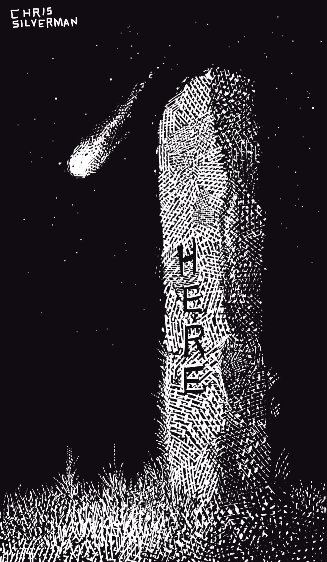 A clear, starry night. In the middle of a meadow stands a tall, boxy stone column with the word "here" carved into it. Visible in the sky behind it is an asteroid flaming towards earth, presumably headed for the designated landing spot.